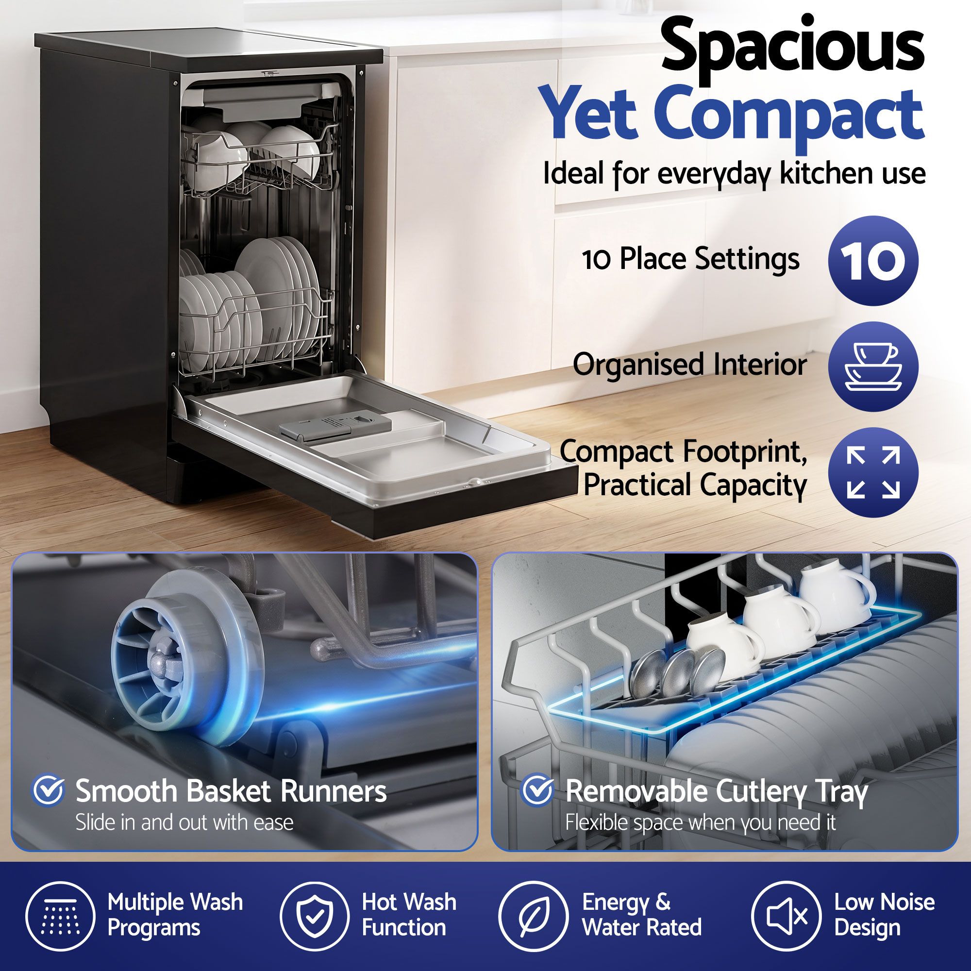 Black freestanding dishwasher with open door showing interior racks and tray.