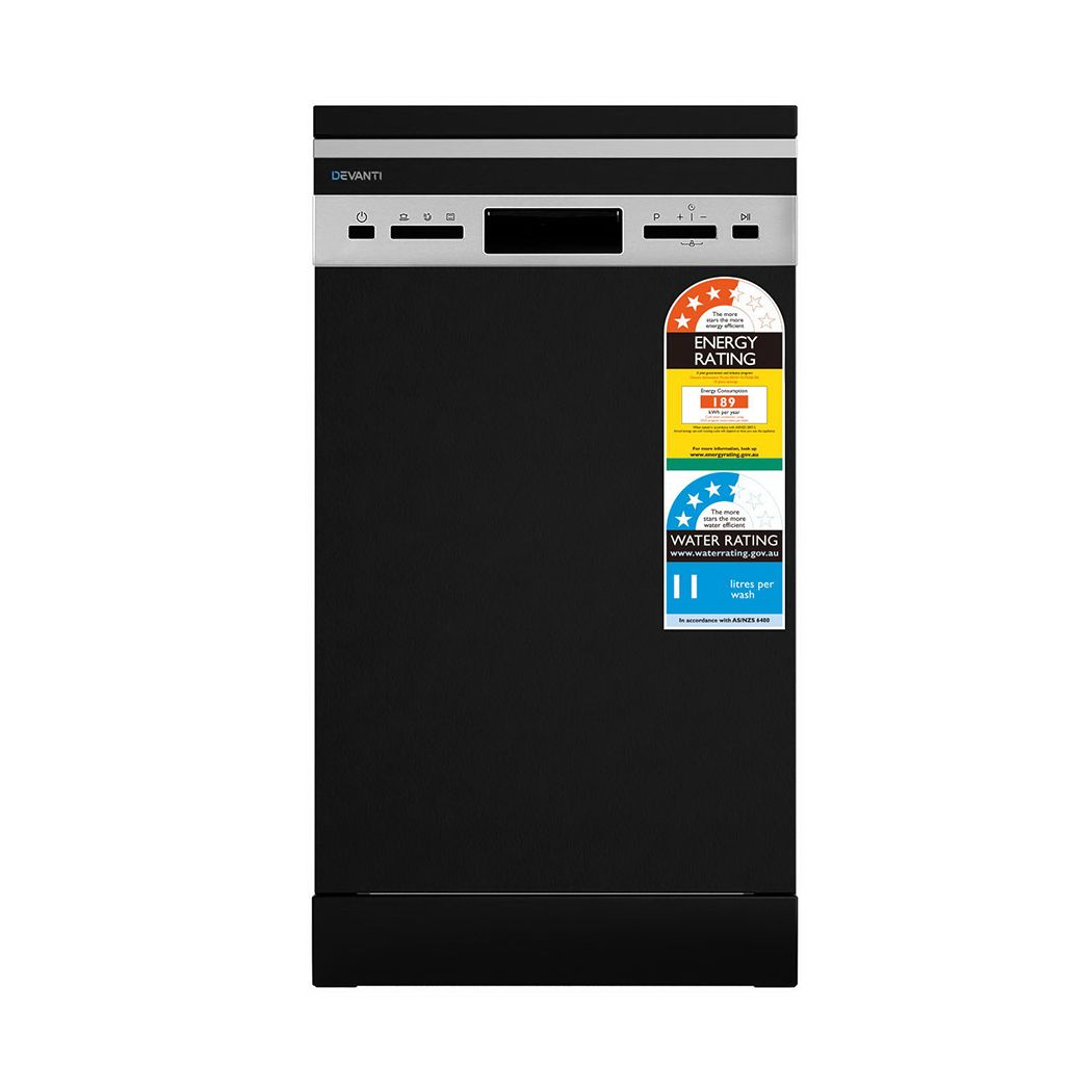 Black freestanding dishwasher with front control panel, display, and indicator area.