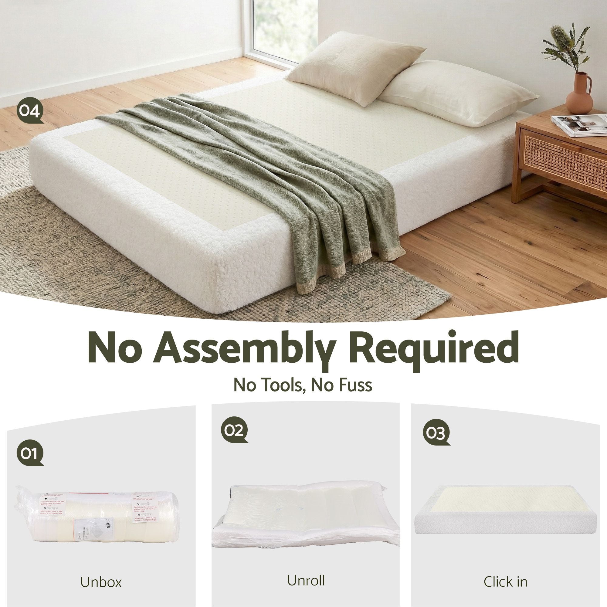 Artiss Compression Bed Frame Double Size No Assembly Vacuum High Density Sponge Boucle Cream White Bedworld