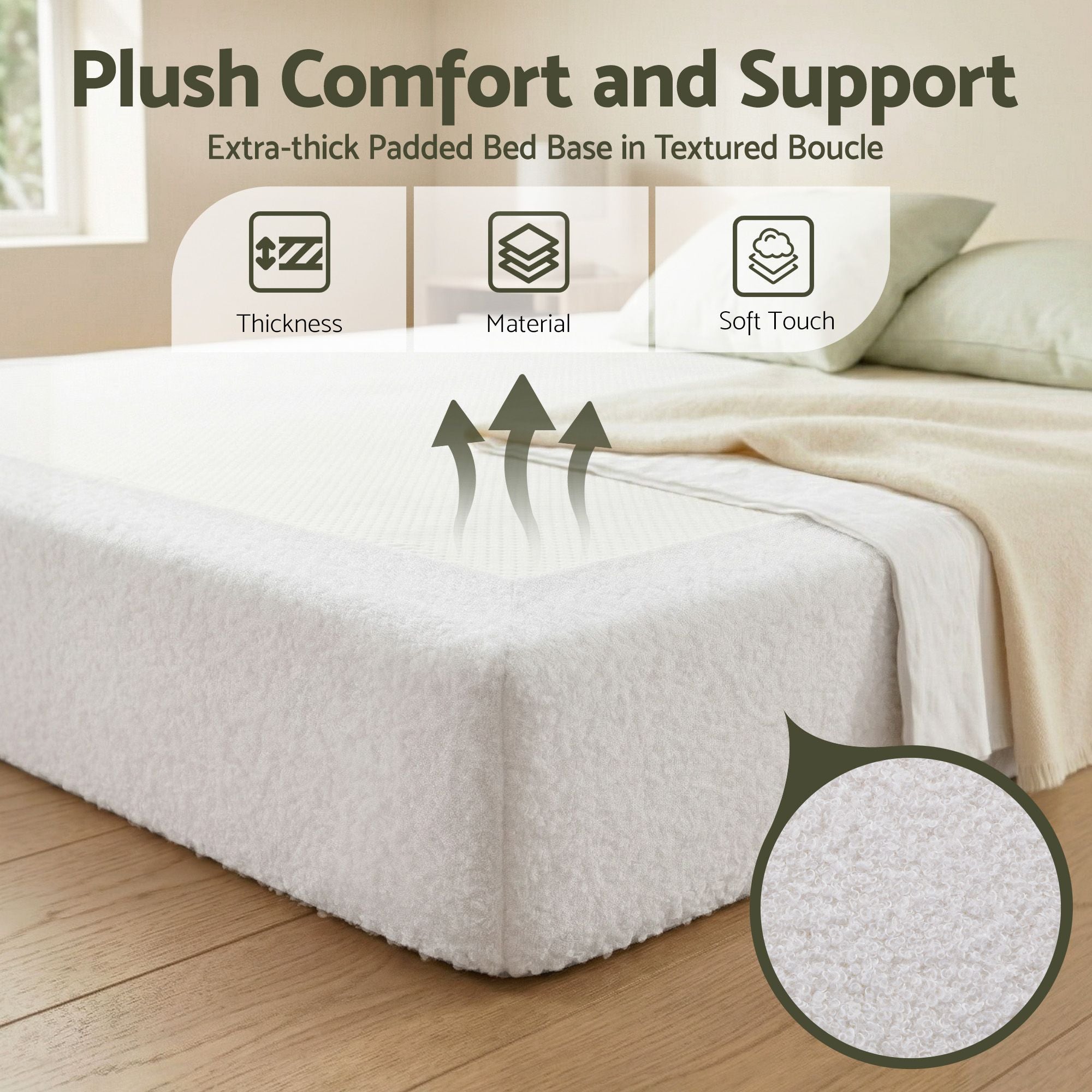 Artiss Compression Bed Frame Double Size No Assembly Vacuum High Density Sponge Boucle Cream White Bedworld