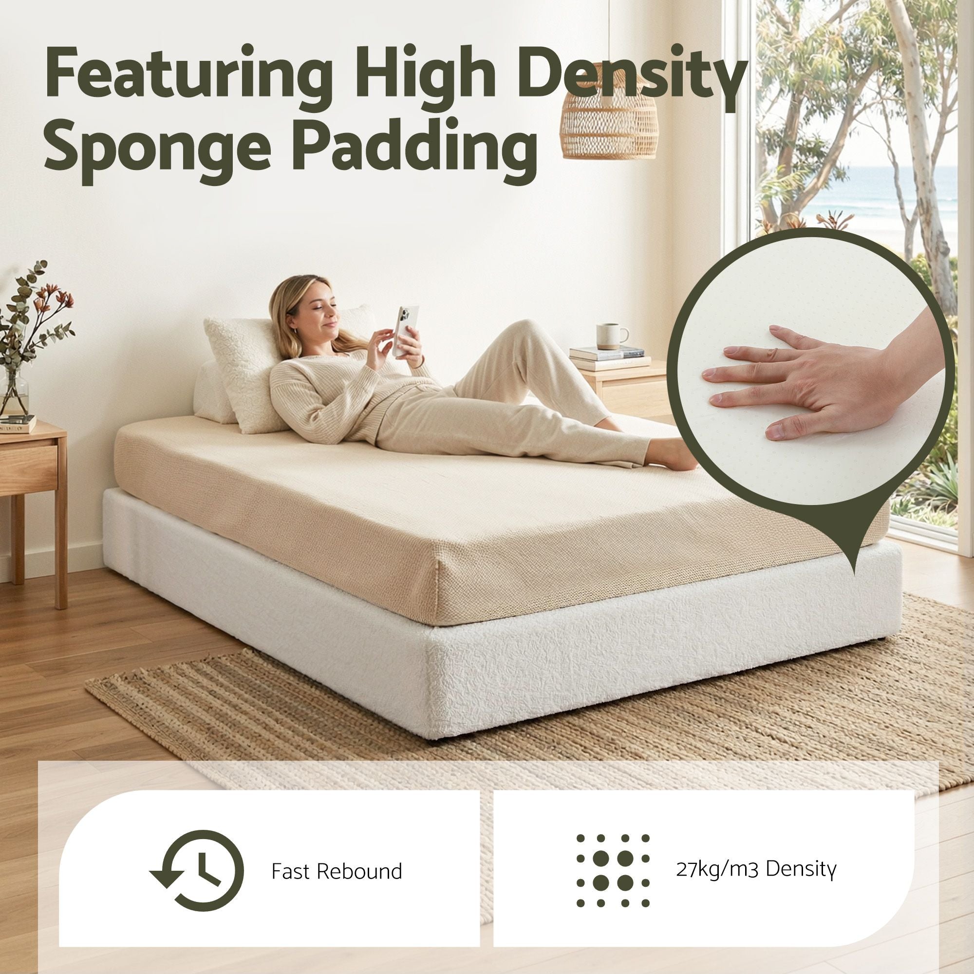 Artiss Compression Bed Frame Double Size No Assembly Vacuum High Density Sponge Boucle Cream White Bedworld