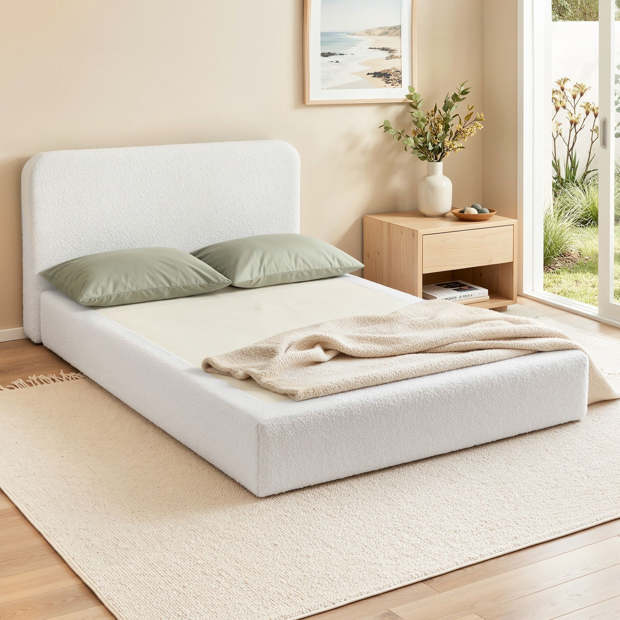 Artiss Compression Bed Frame Queen Size No Assembly Vacuum High Density Sponge Boucle Cream White Bedworld