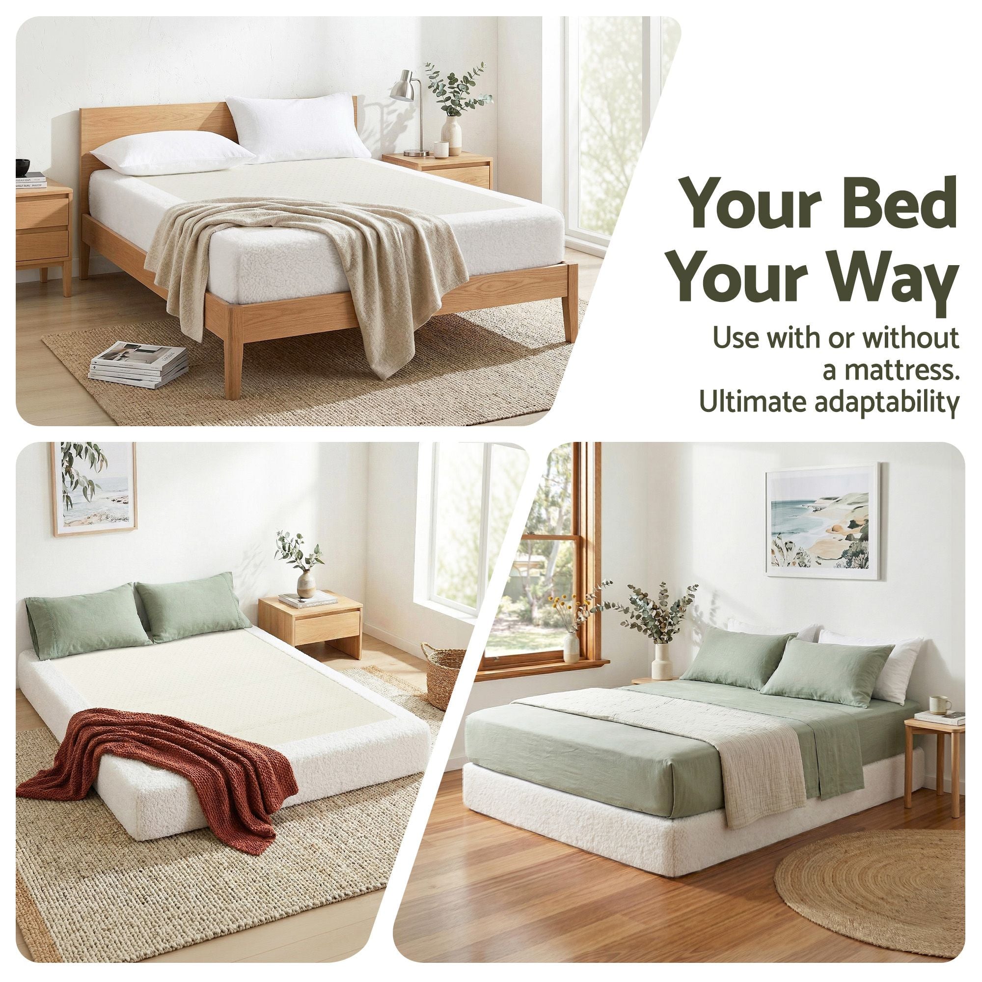 Artiss Compression Bed Frame Queen Size No Assembly Vacuum High Density Sponge Boucle Cream White Bedworld