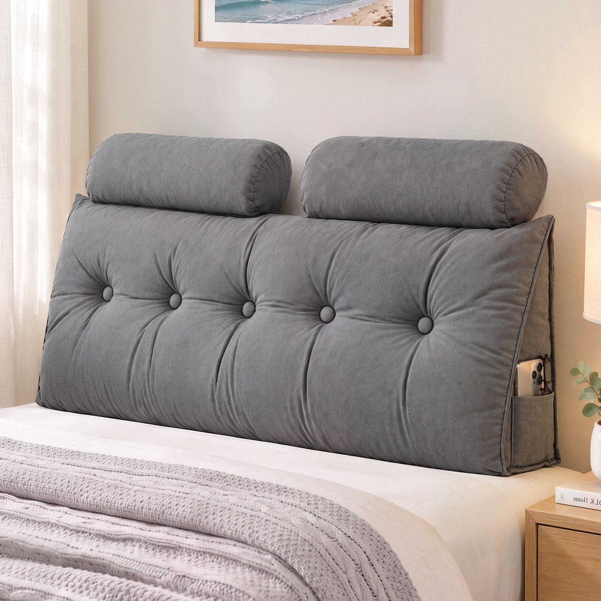 Artiss Headboard Pillow Double Wedge Backrest Triangular with 2 Cushions Grey Bedworld
