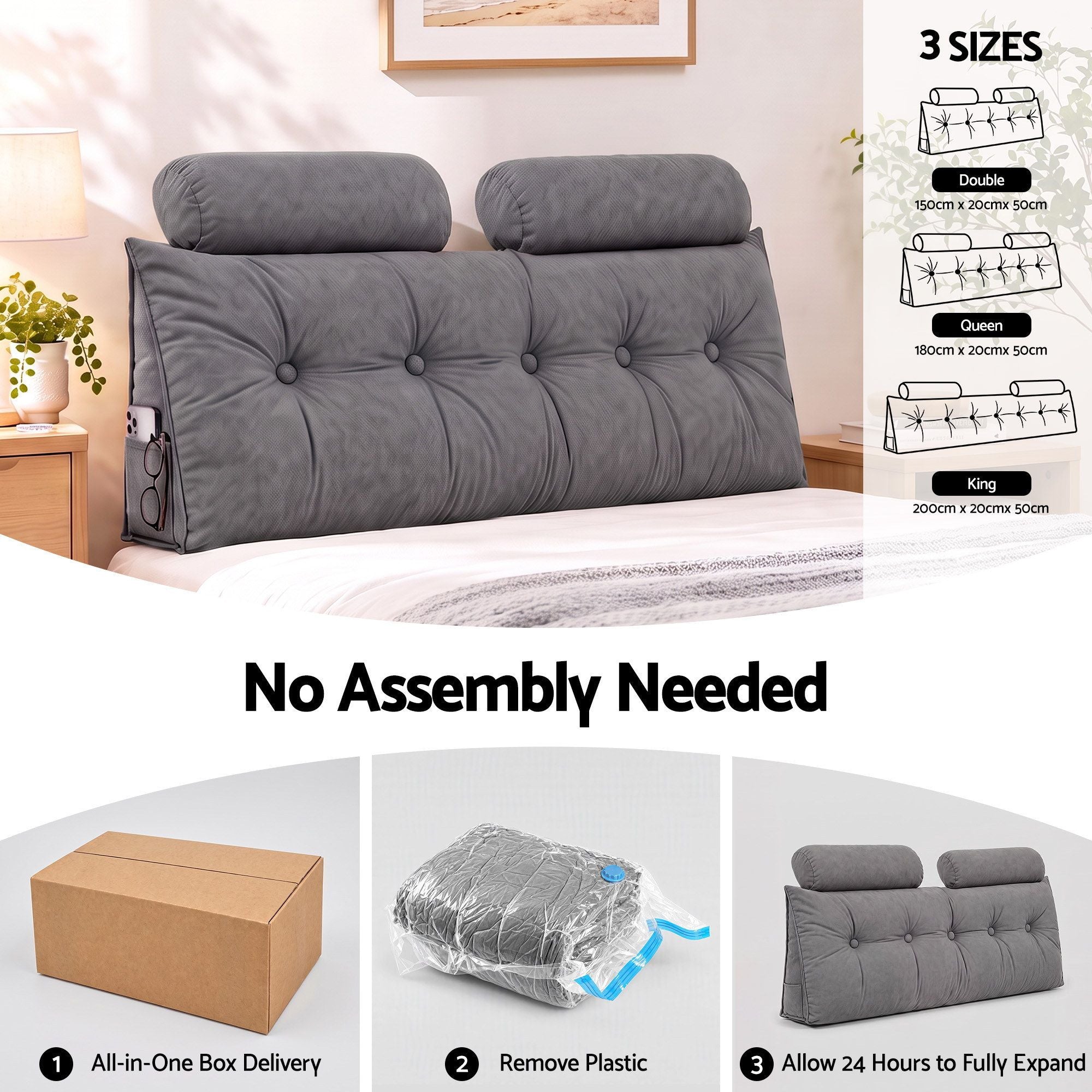 Artiss Headboard Pillow Double Wedge Backrest Triangular with 2 Cushions Grey Bedworld