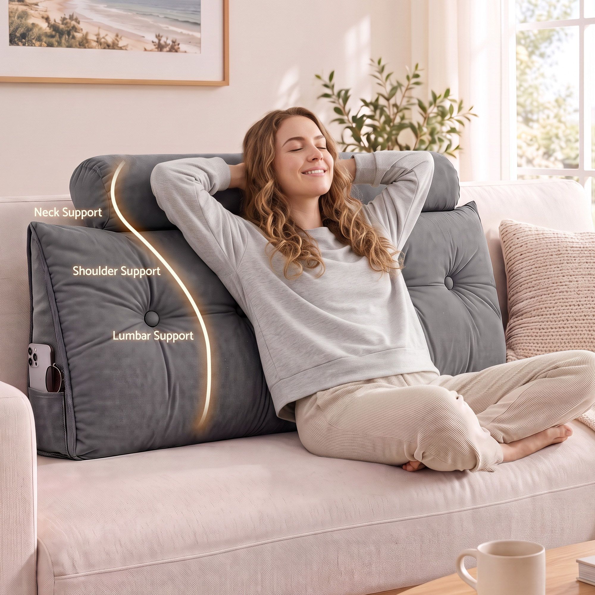 Artiss Headboard Pillow Double Wedge Backrest Triangular with 2 Cushions Grey Bedworld