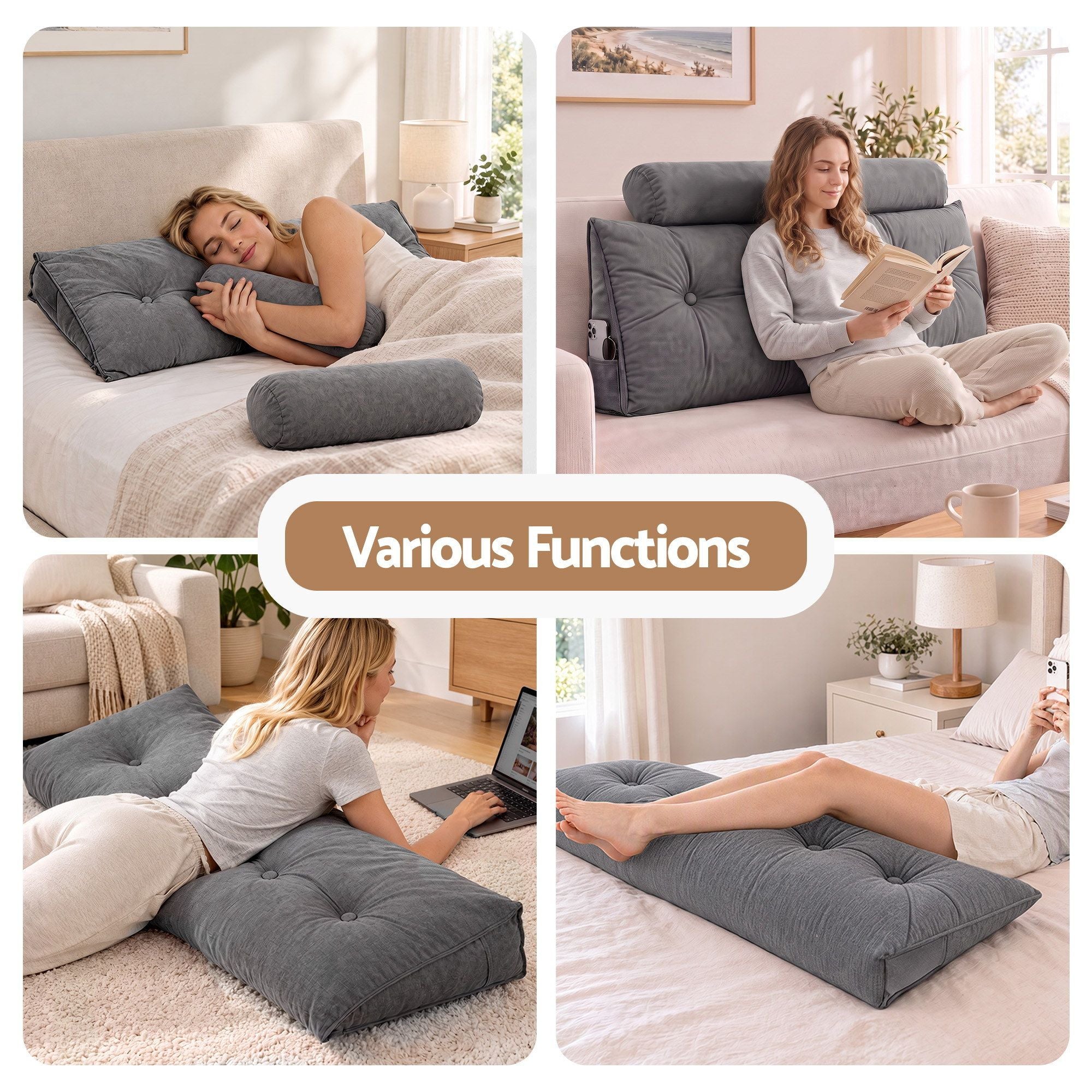 Artiss Headboard Pillow Double Wedge Backrest Triangular with 2 Cushions Grey Bedworld