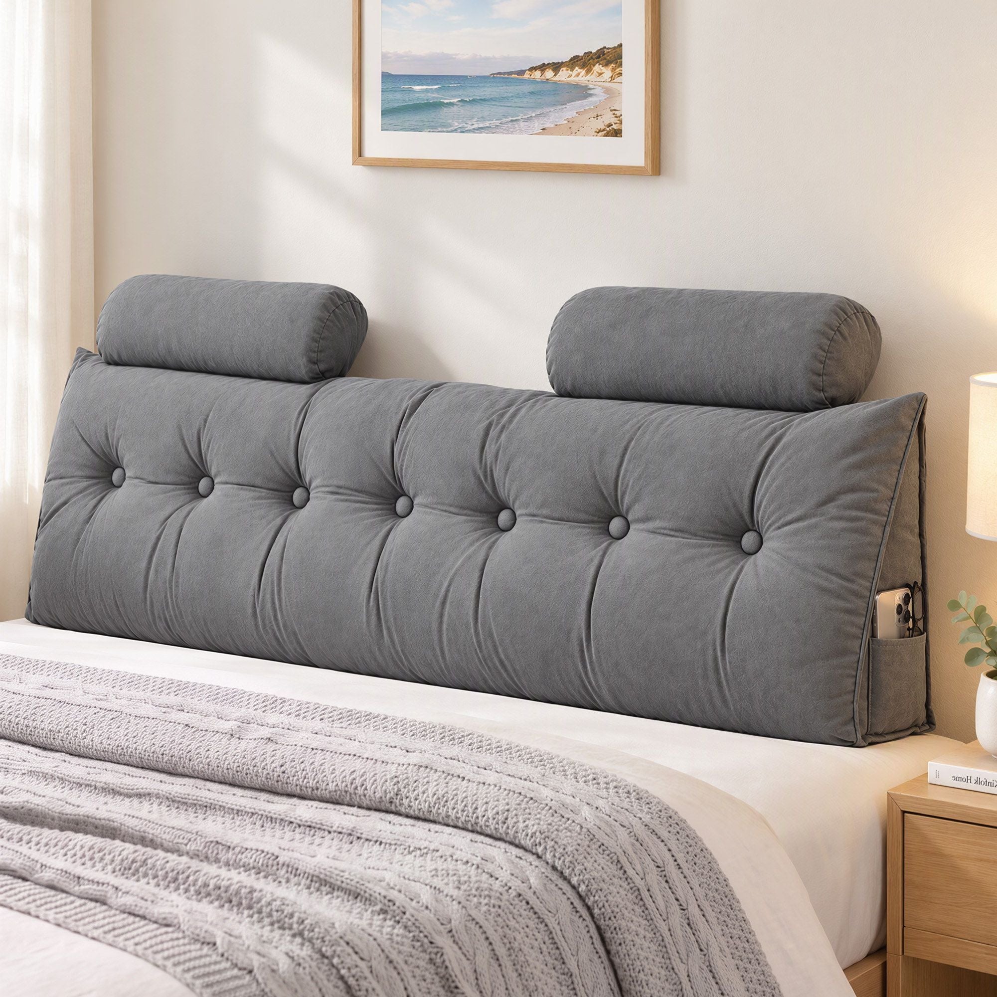 Artiss Headboard Pillow King Wedge Backrest Triangular with 2 Cushions Grey Bedworld