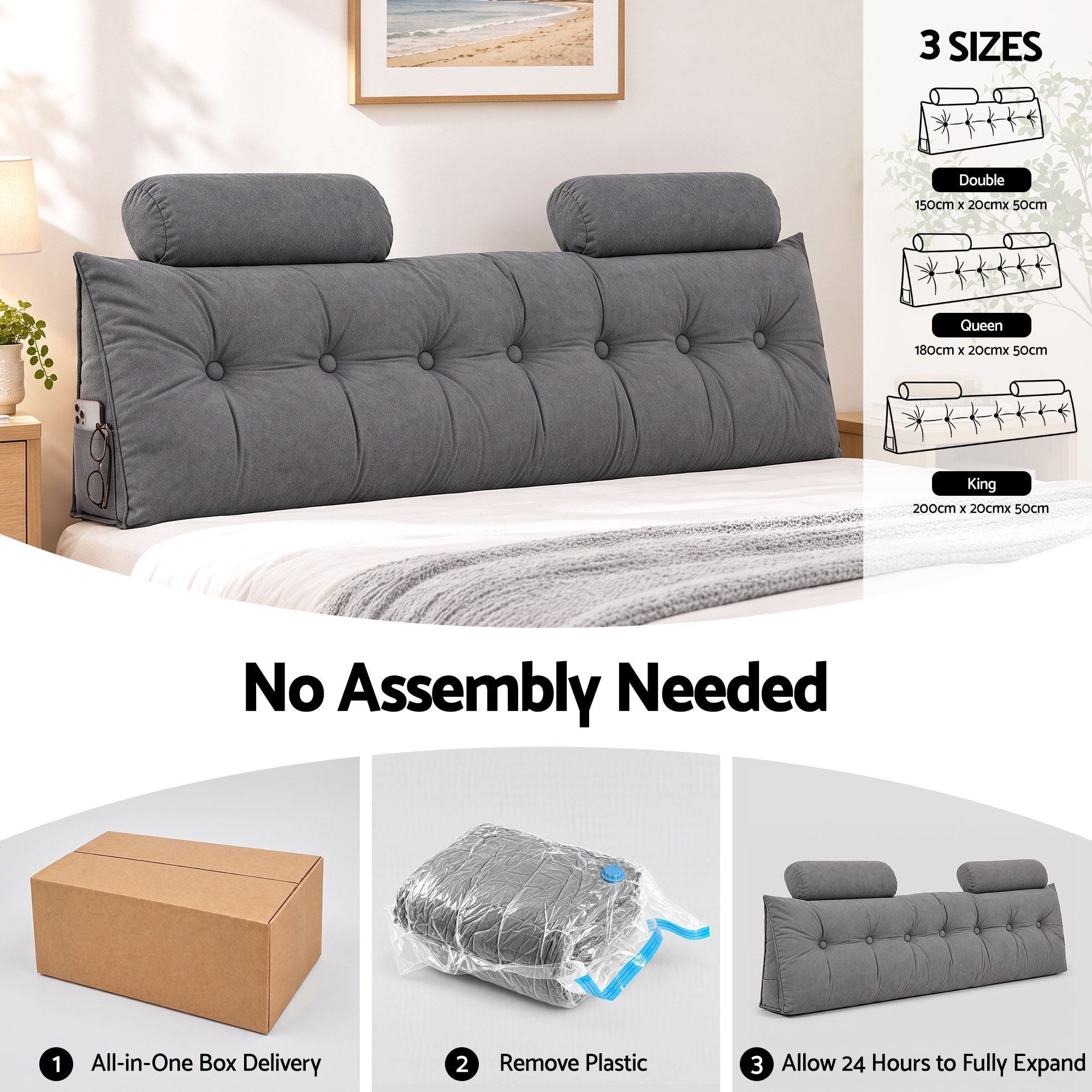 Artiss Headboard Pillow King Wedge Backrest Triangular with 2 Cushions Grey Bedworld