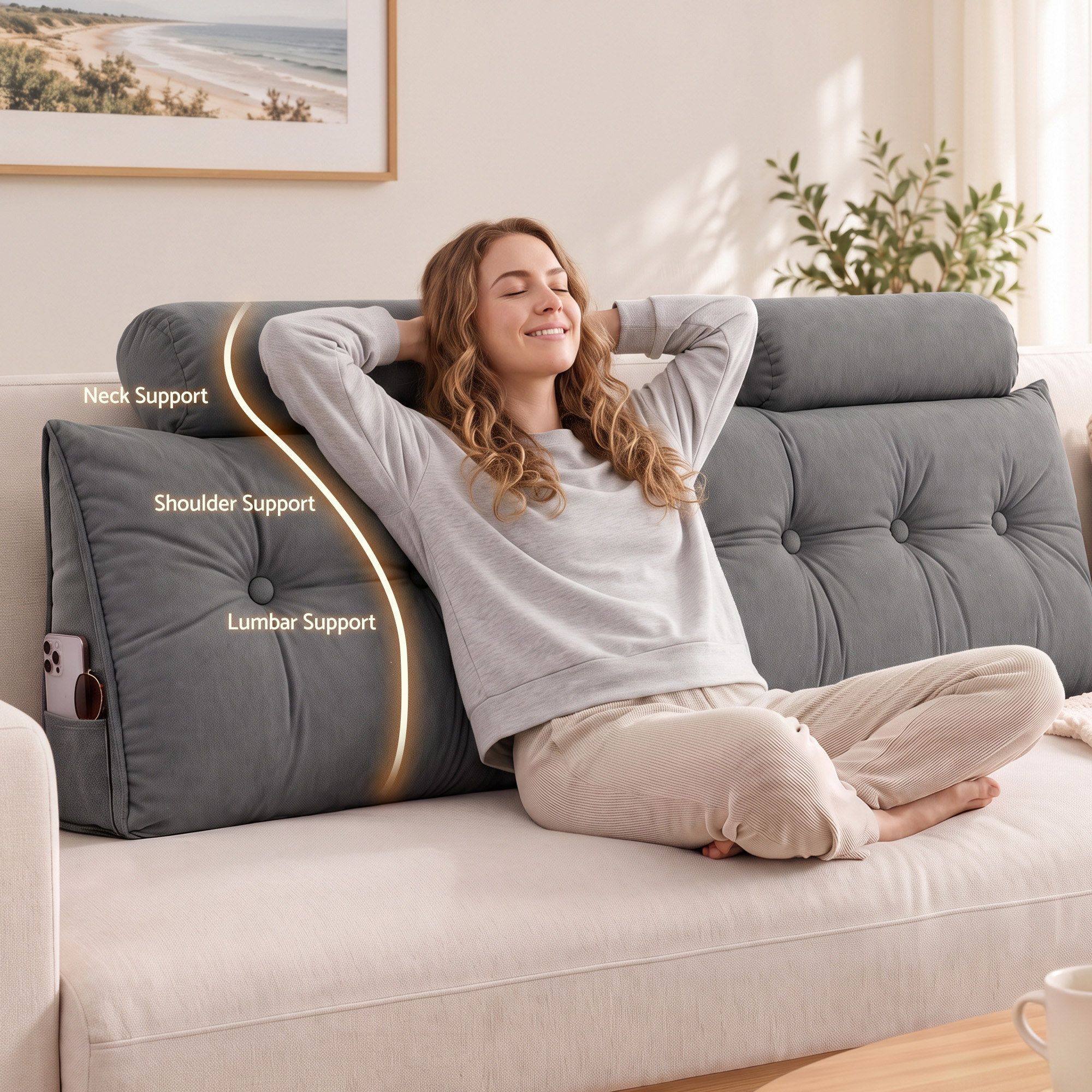 Artiss Headboard Pillow King Wedge Backrest Triangular with 2 Cushions Grey Bedworld