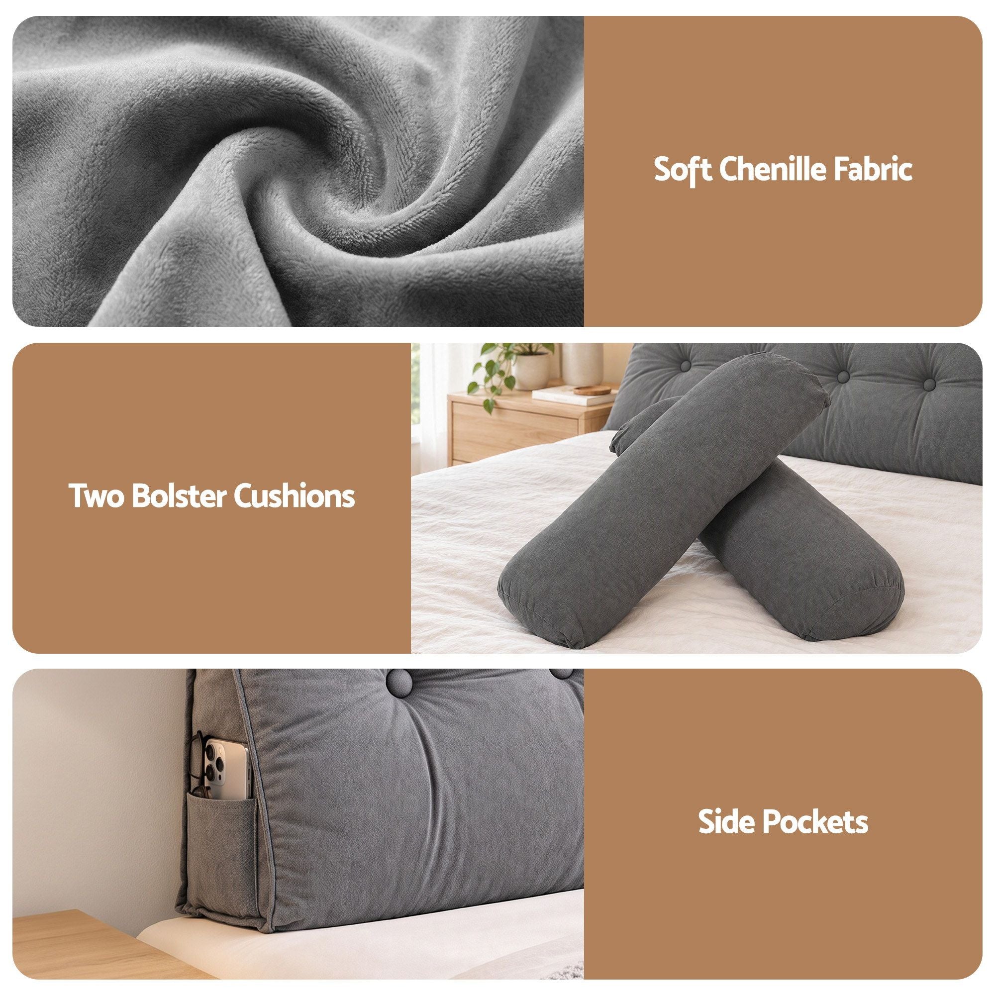 Artiss Headboard Pillow King Wedge Backrest Triangular with 2 Cushions Grey Bedworld