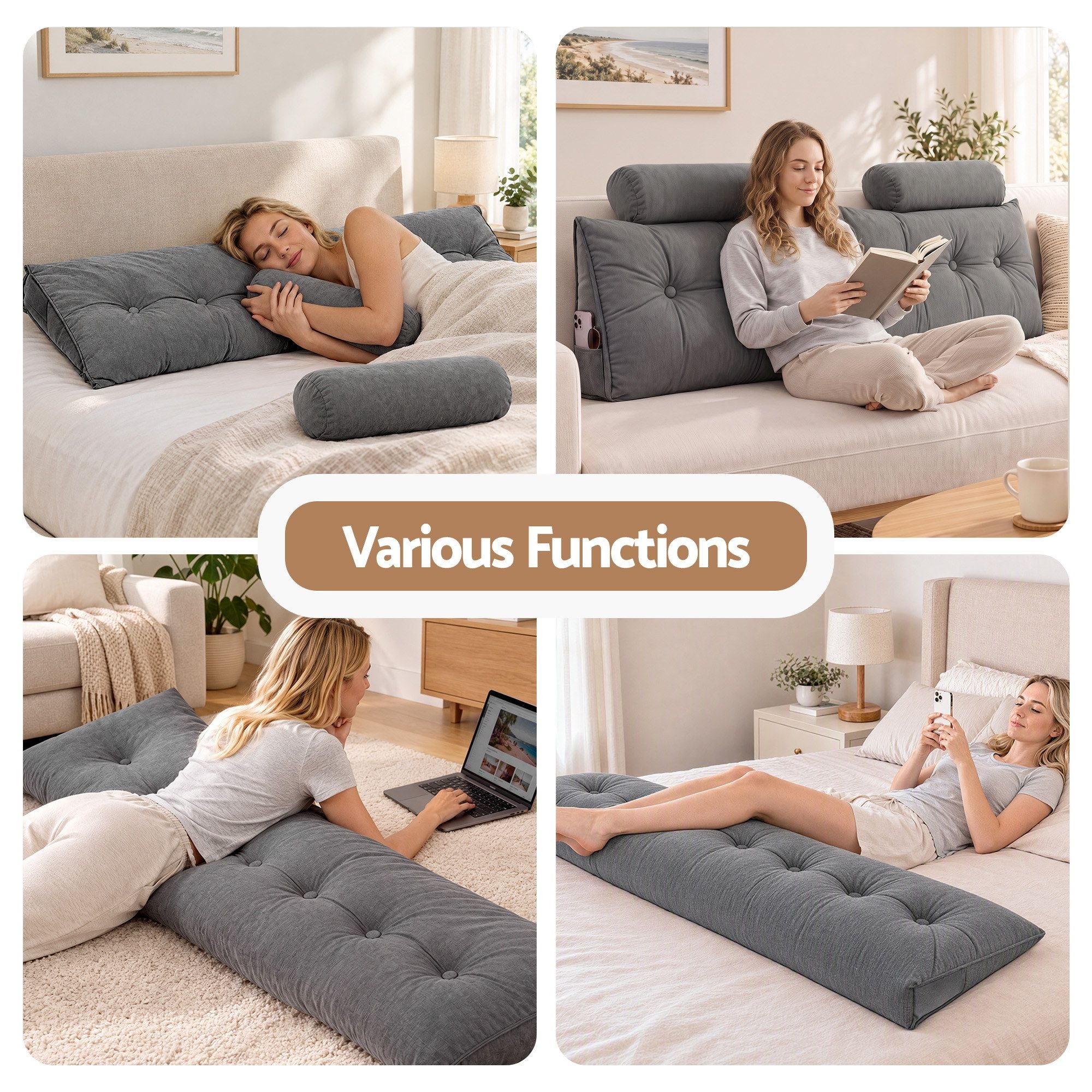 Artiss Headboard Pillow King Wedge Backrest Triangular with 2 Cushions Grey Bedworld