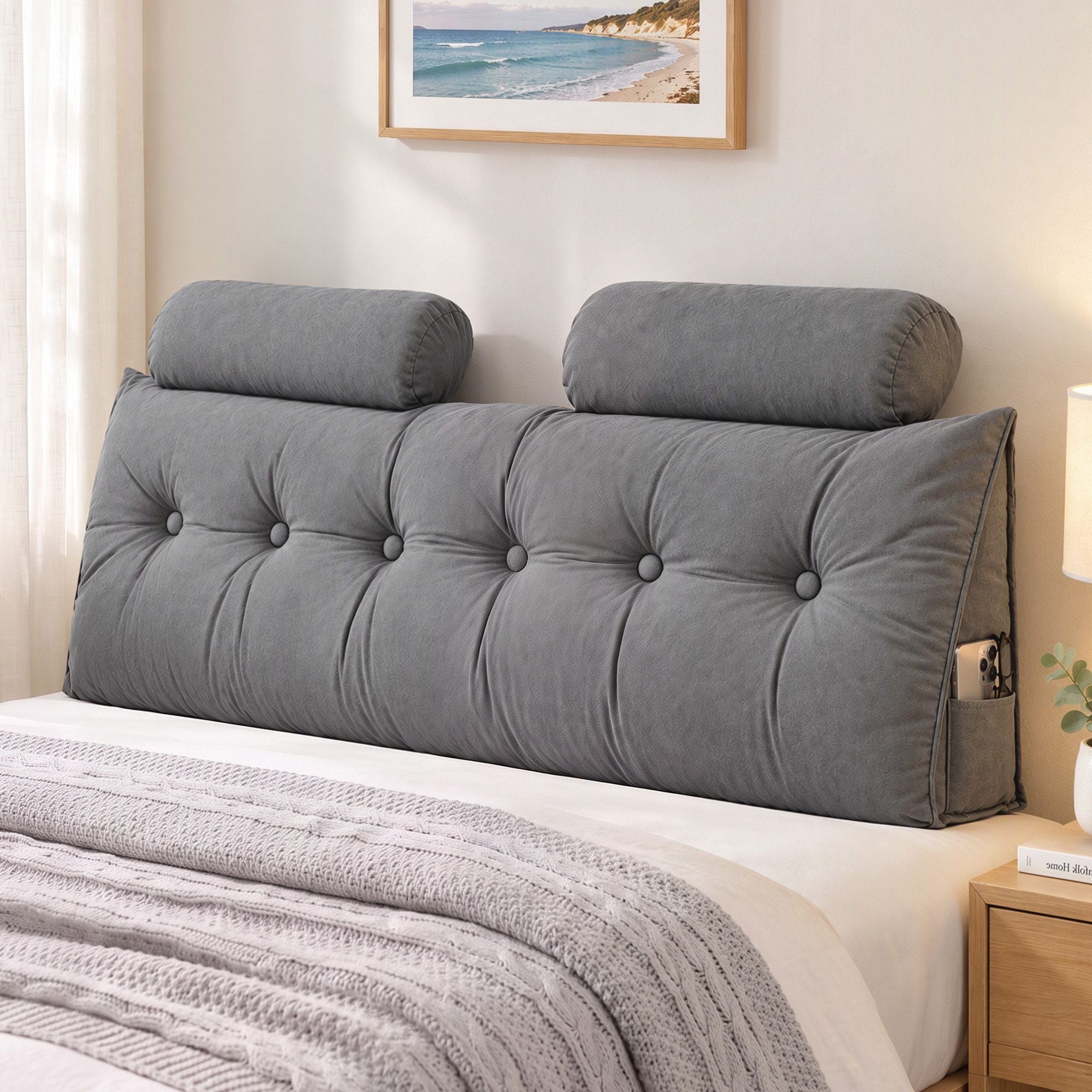 Artiss Headboard Pillow Queen Wedge Backrest Triangular with 2 Cushions Grey Bedworld