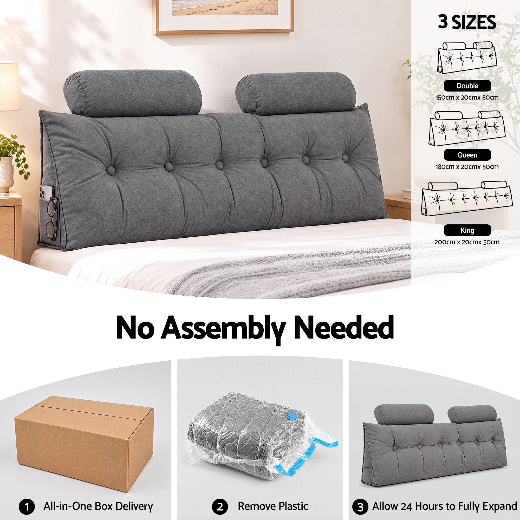 Artiss Headboard Pillow Queen Wedge Backrest Triangular with 2 Cushions Grey Bedworld