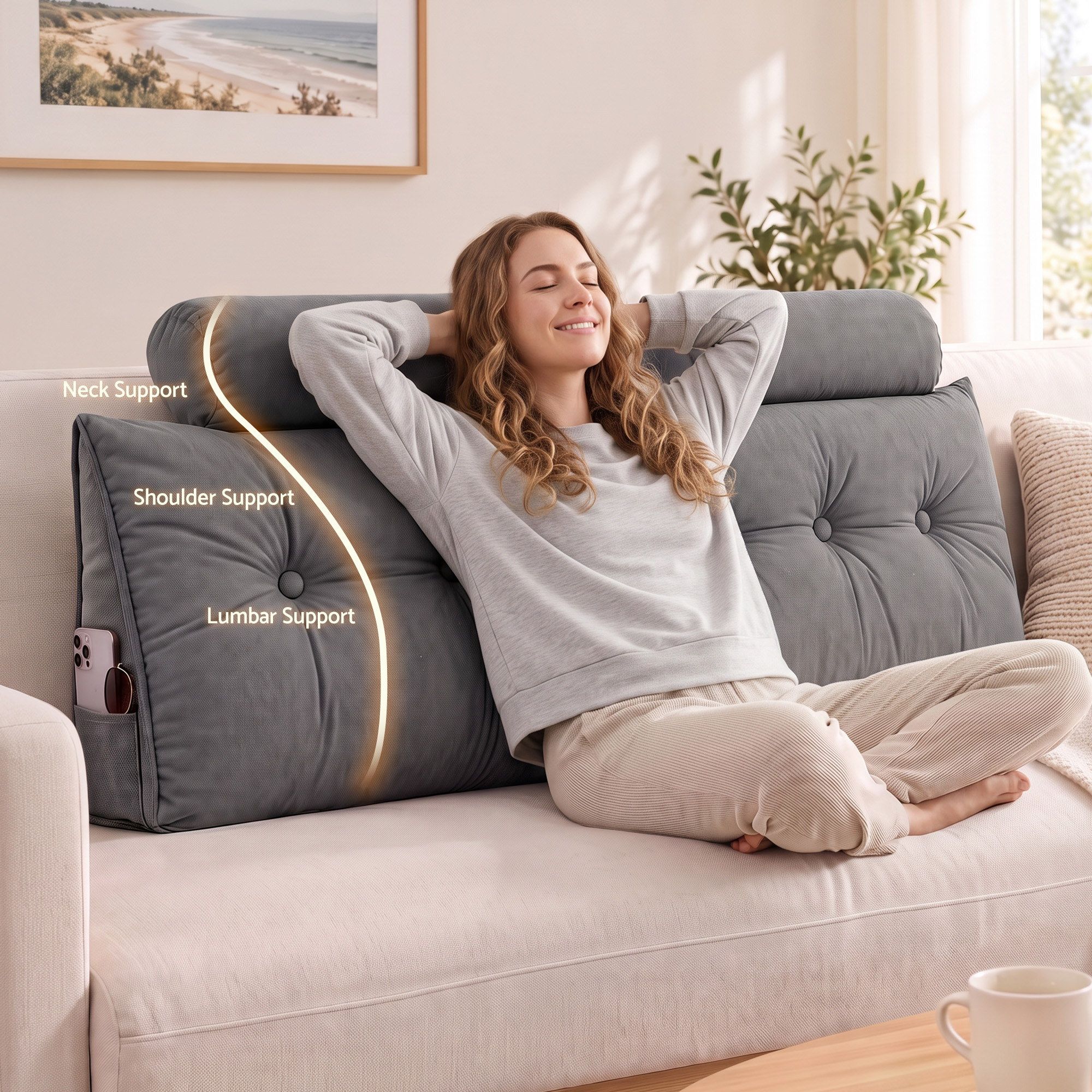 Artiss Headboard Pillow Queen Wedge Backrest Triangular with 2 Cushions Grey Bedworld