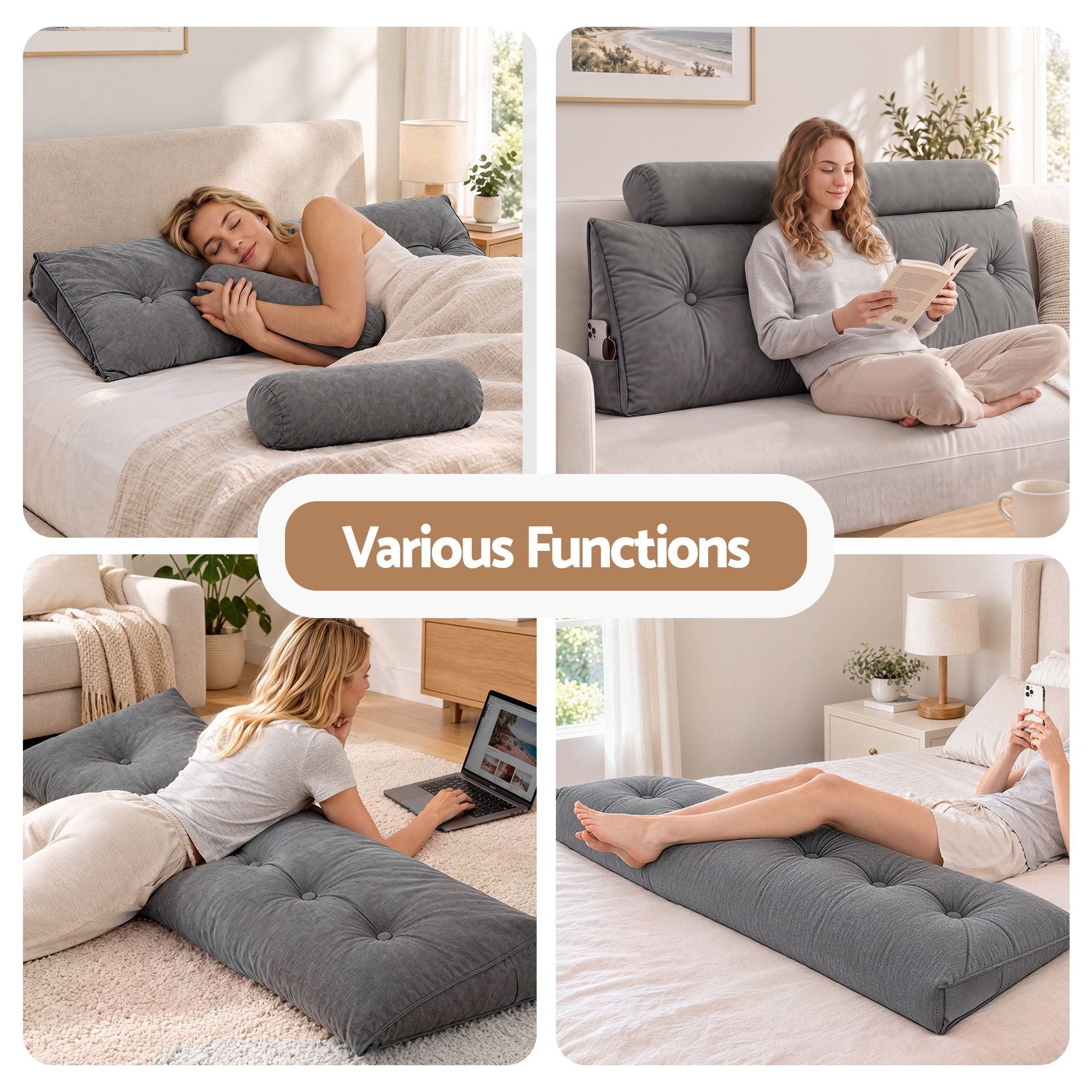 Artiss Headboard Pillow Queen Wedge Backrest Triangular with 2 Cushions Grey Bedworld