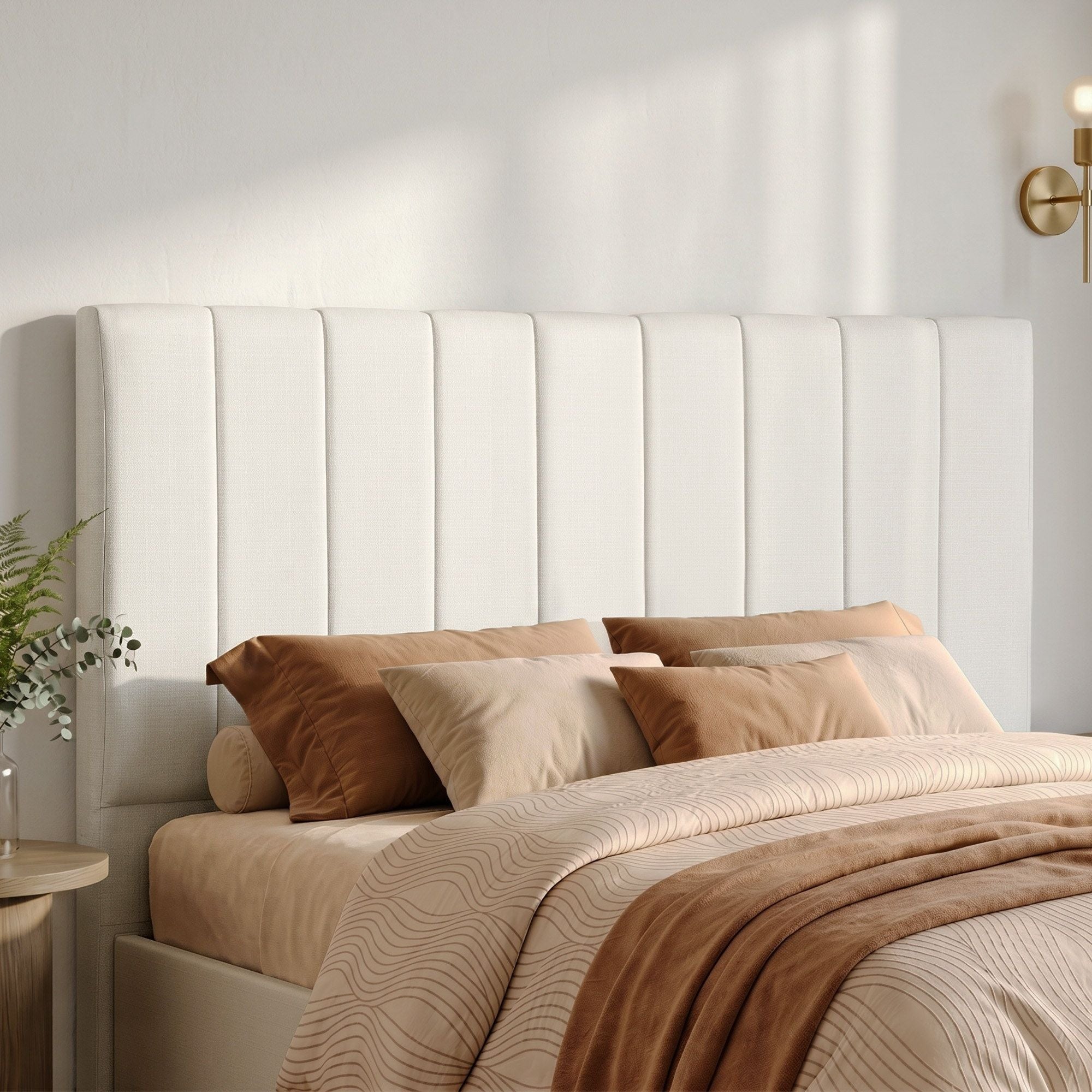 Queen linen headboard with vertical channel tufting, beige upholstery