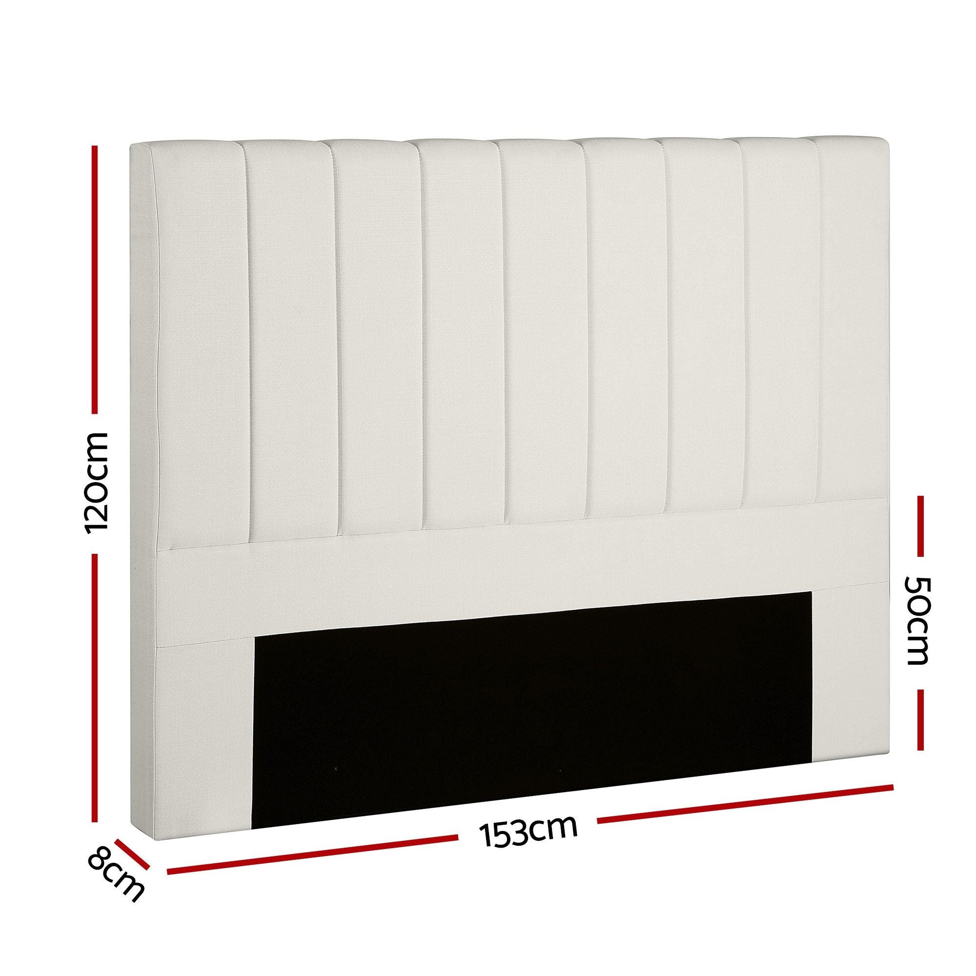Queen linen headboard in beige with vertical stripes and black front panel