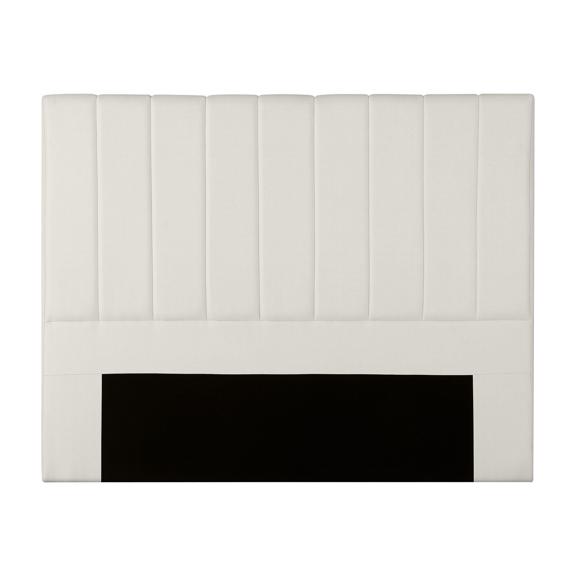 Queen linen headboard front in beige with vertical channels and black base panel
