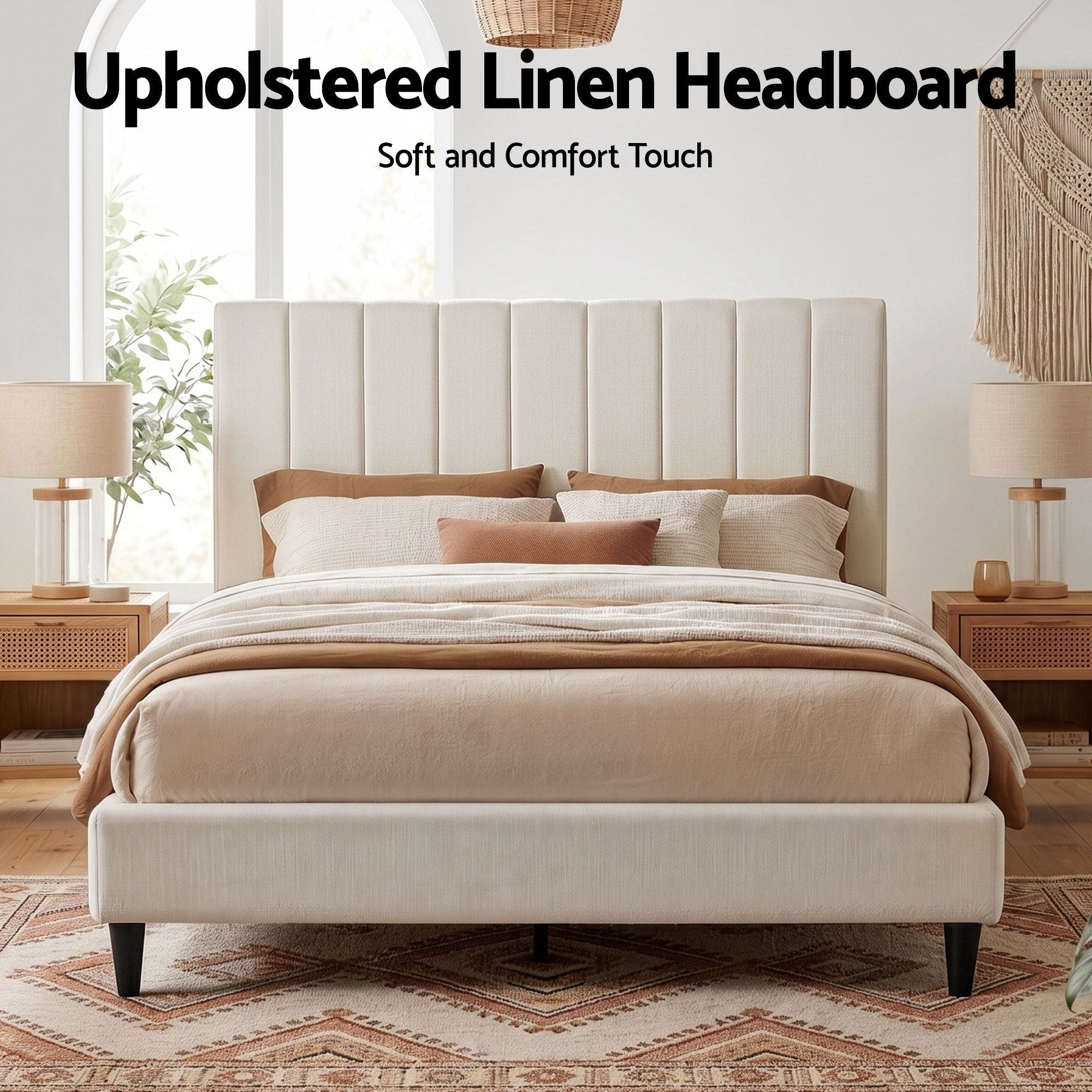 Upholstered queen linen headboard with vertical channels, beige fabric