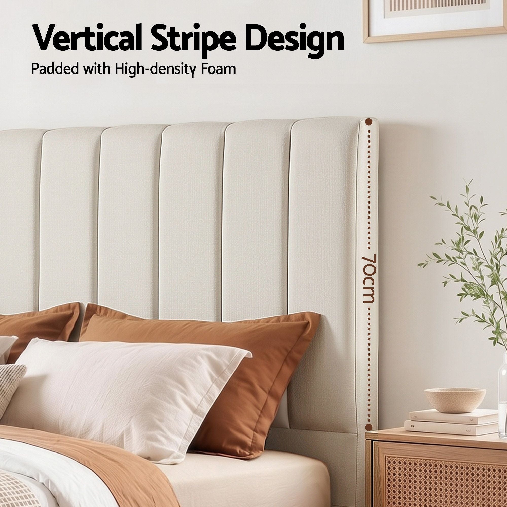 Beige linen queen headboard with vertical stripe tufting and padded back