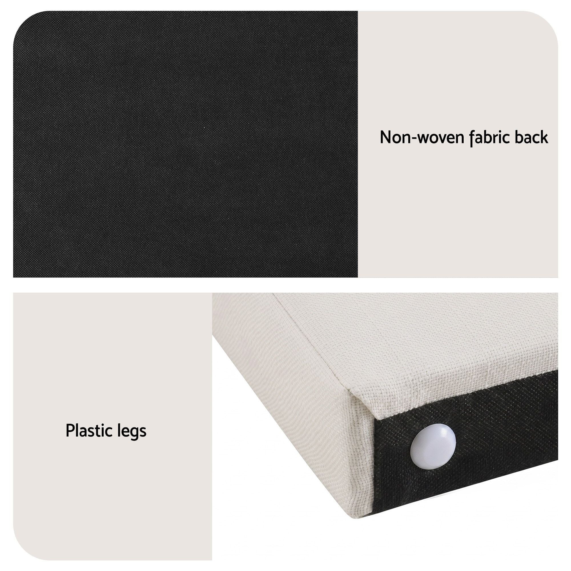 Queen headboard details: non-woven back panel and plastic legs, beige