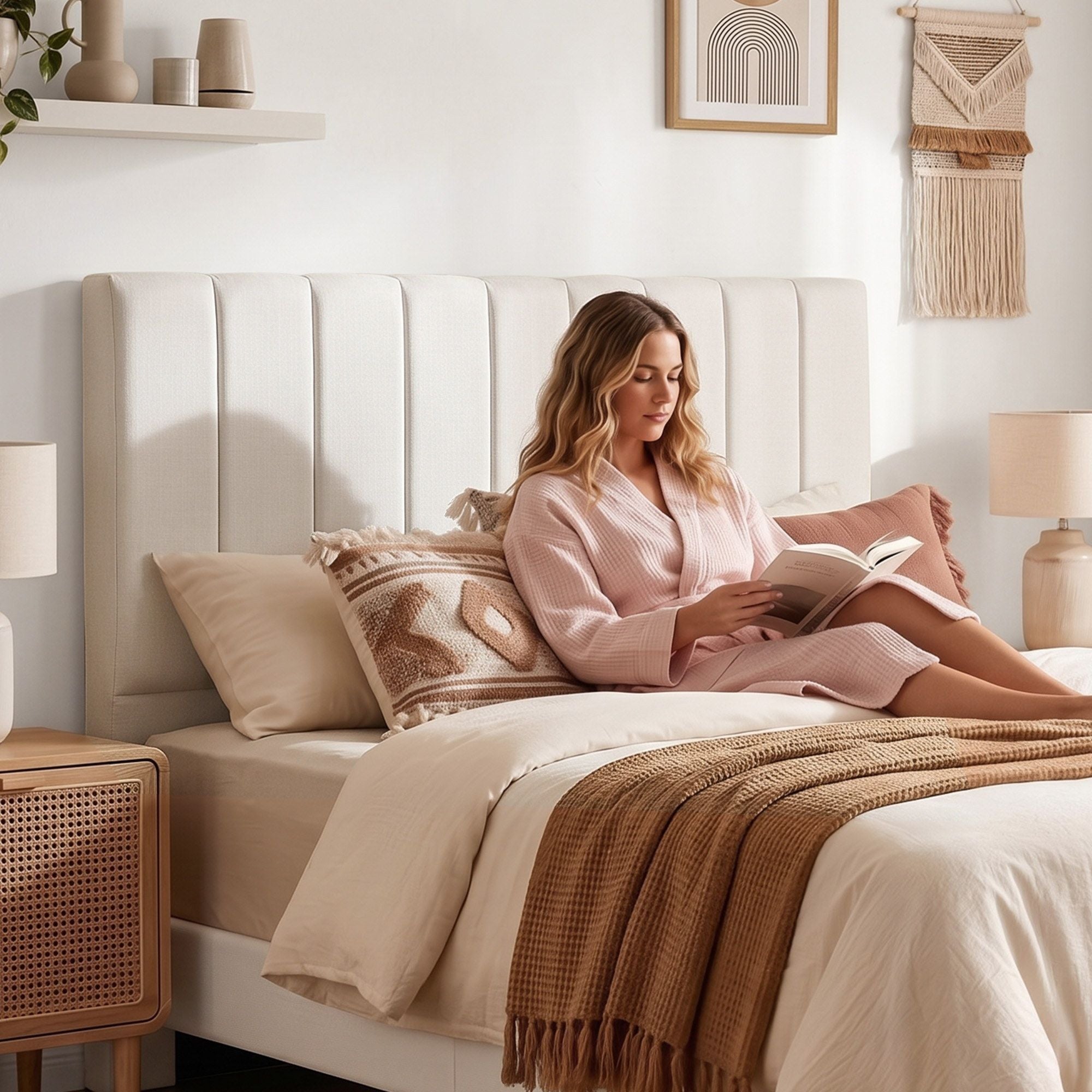 Beige linen queen headboard with vertical channels and padded upholstered frame