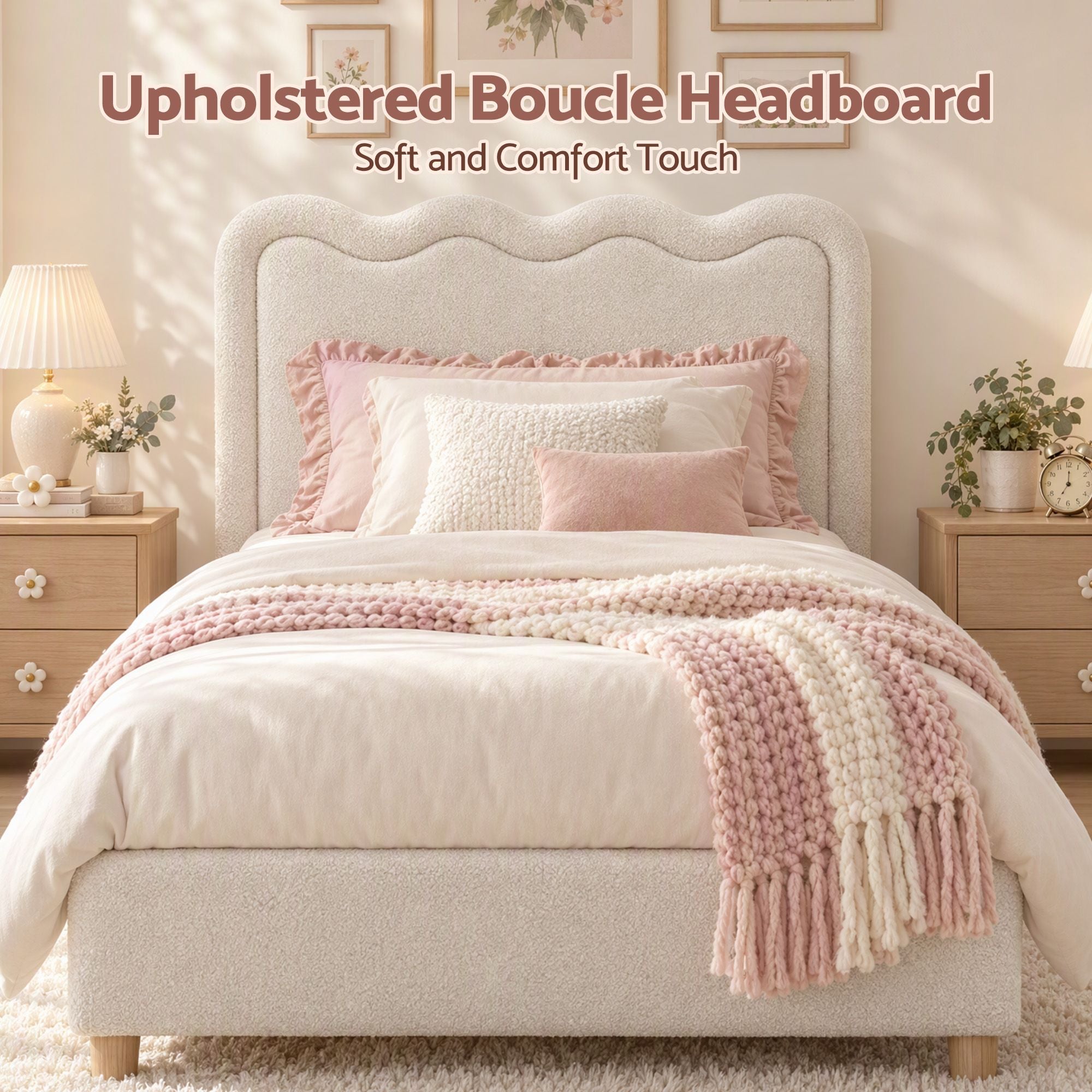 Artiss Boucle Bed Head Double Size Upholstered Wavy Headboard Beige Bedworld