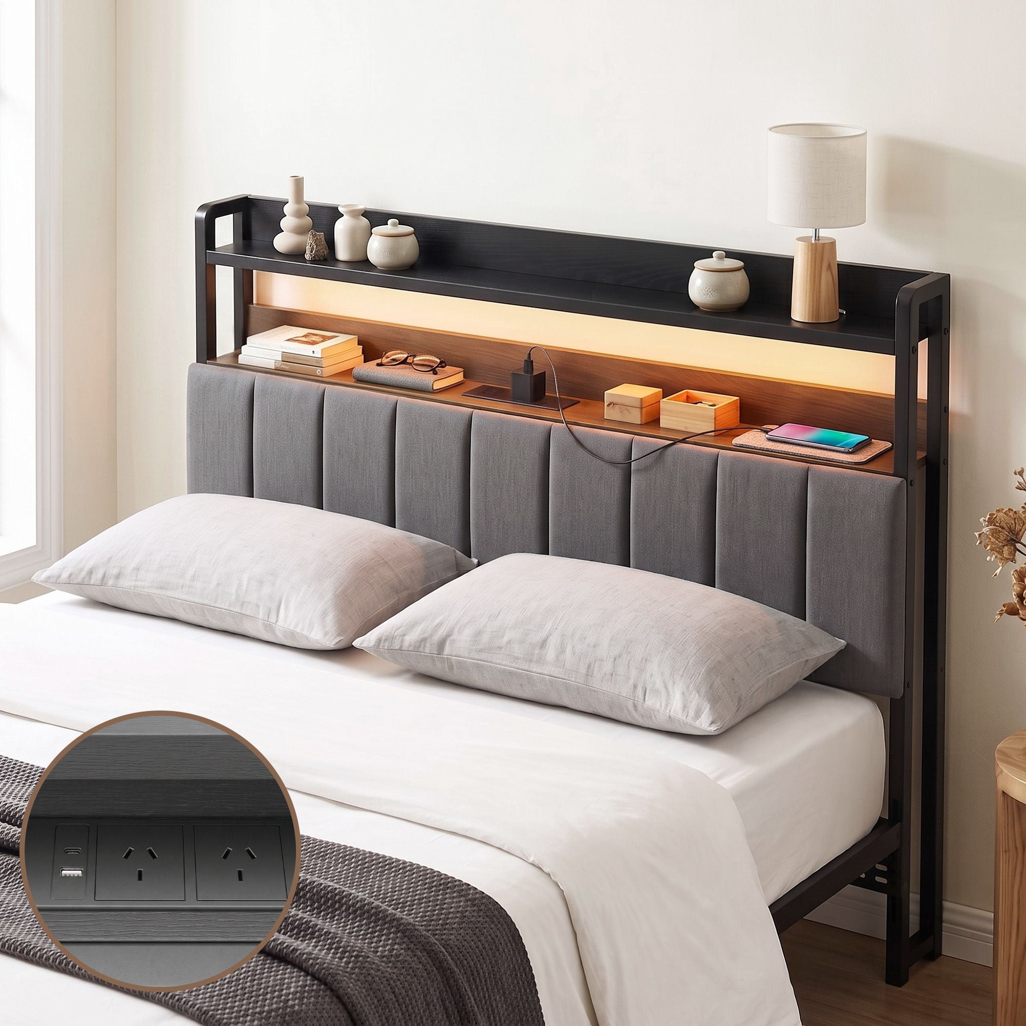 Artiss Double Headboard Charging Station Storage LED Light Grey Upholstered Bedworld