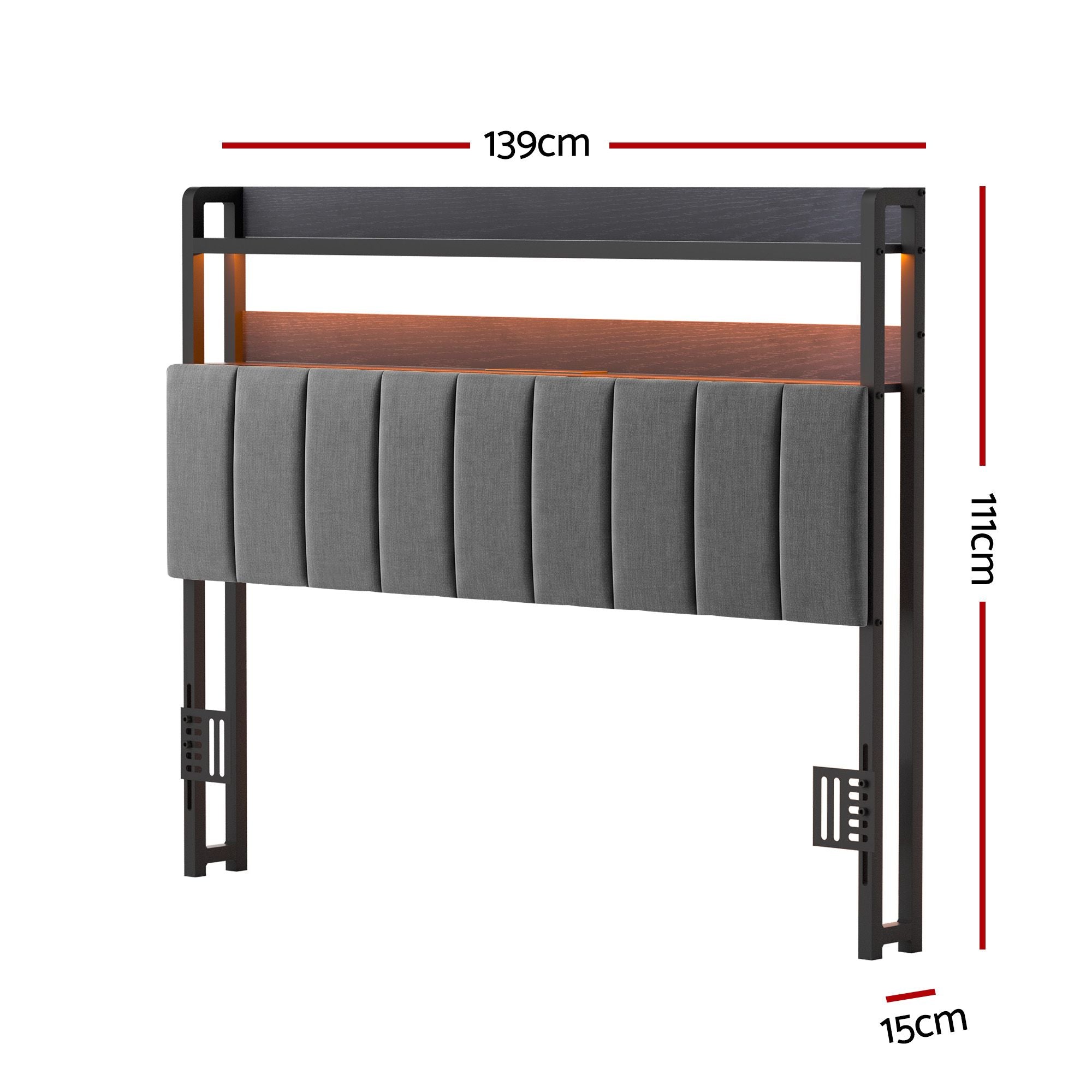 Artiss Double Headboard Charging Station Storage LED Light Grey Upholstered Bedworld