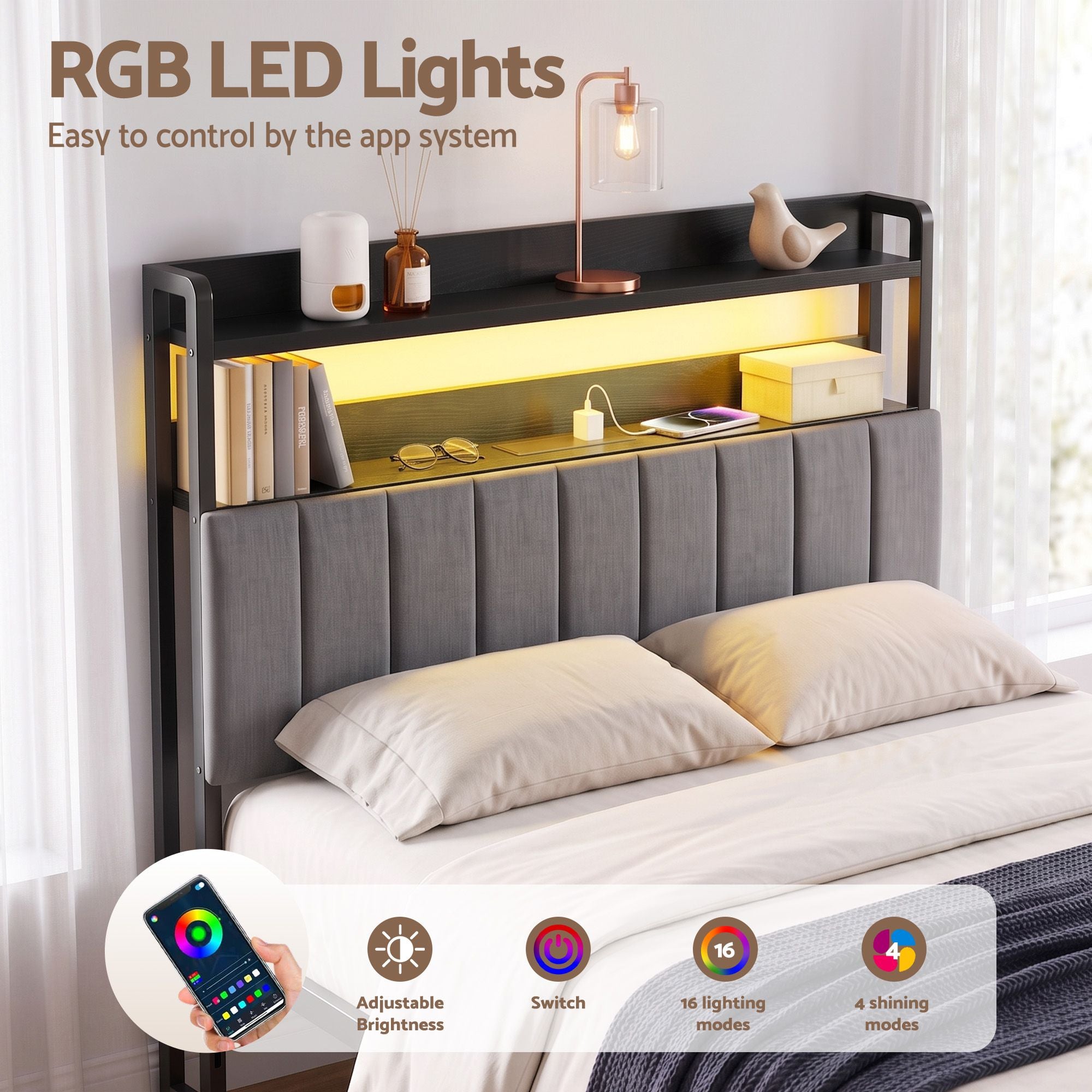 Artiss Double Headboard Charging Station Storage LED Light Grey Upholstered Bedworld