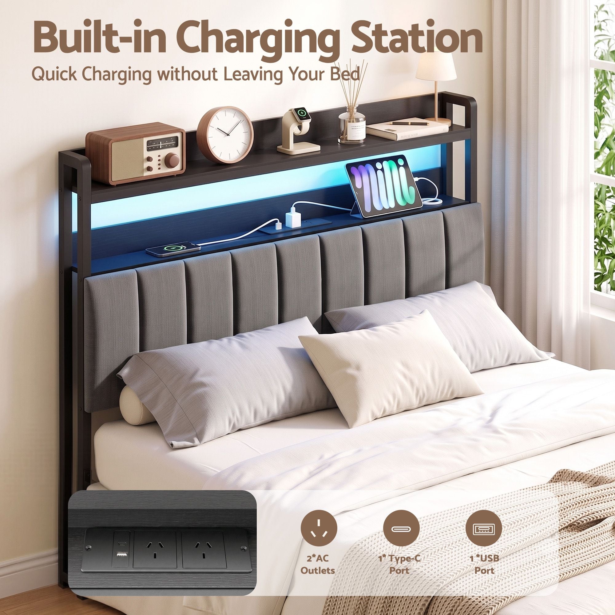 Artiss Double Headboard Charging Station Storage LED Light Grey Upholstered Bedworld
