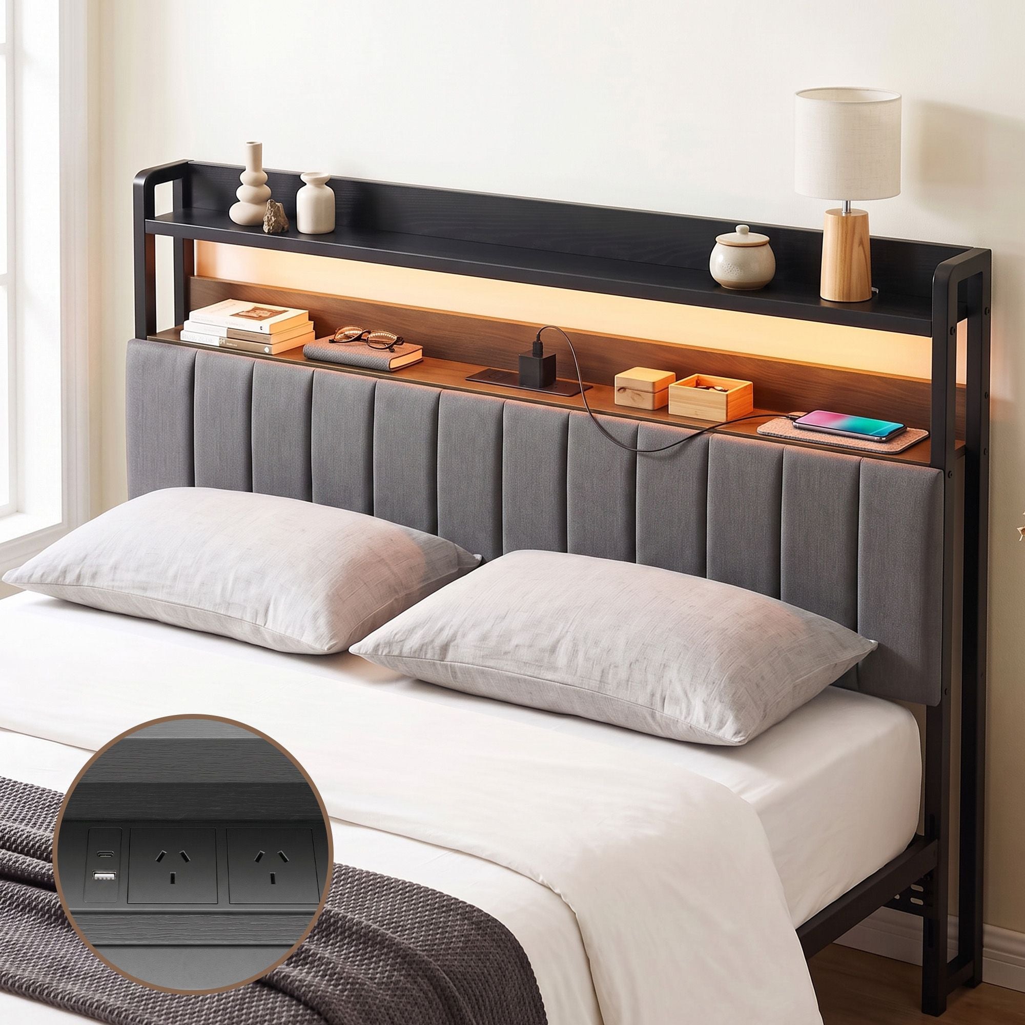 Artiss King Headboard Charging Station Storage LED Light Grey Upholstered Bedworld