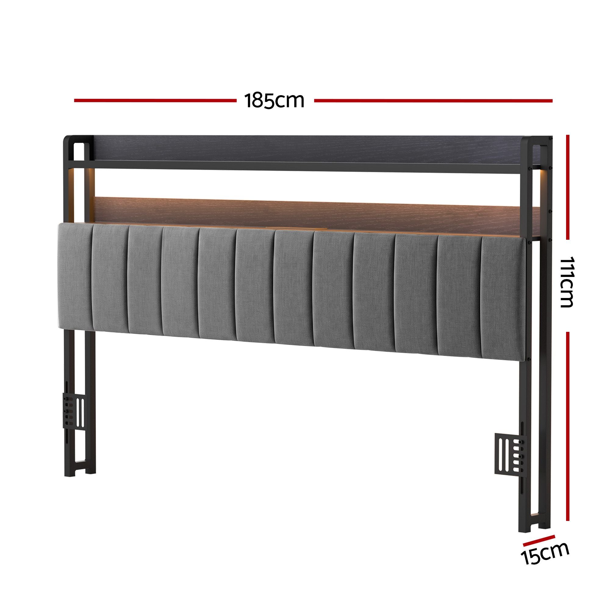 Artiss King Headboard Charging Station Storage LED Light Grey Upholstered Bedworld