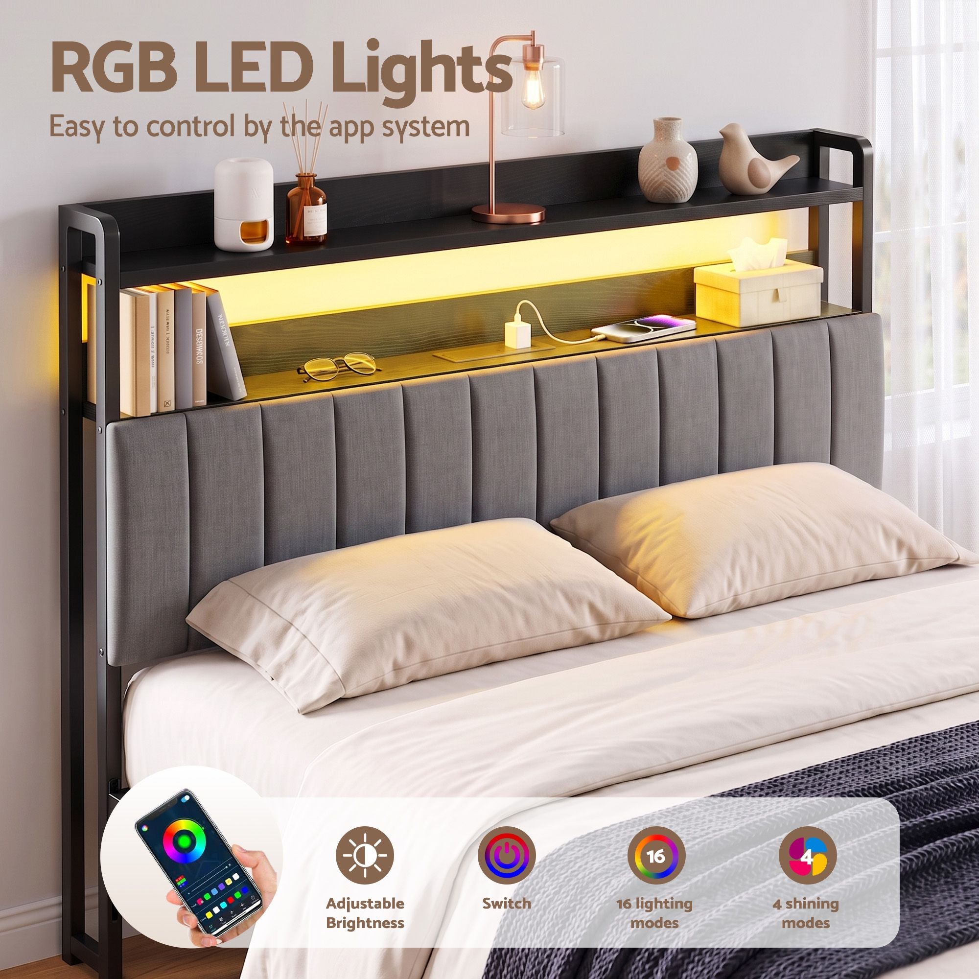 Artiss King Headboard Charging Station Storage LED Light Grey Upholstered Bedworld