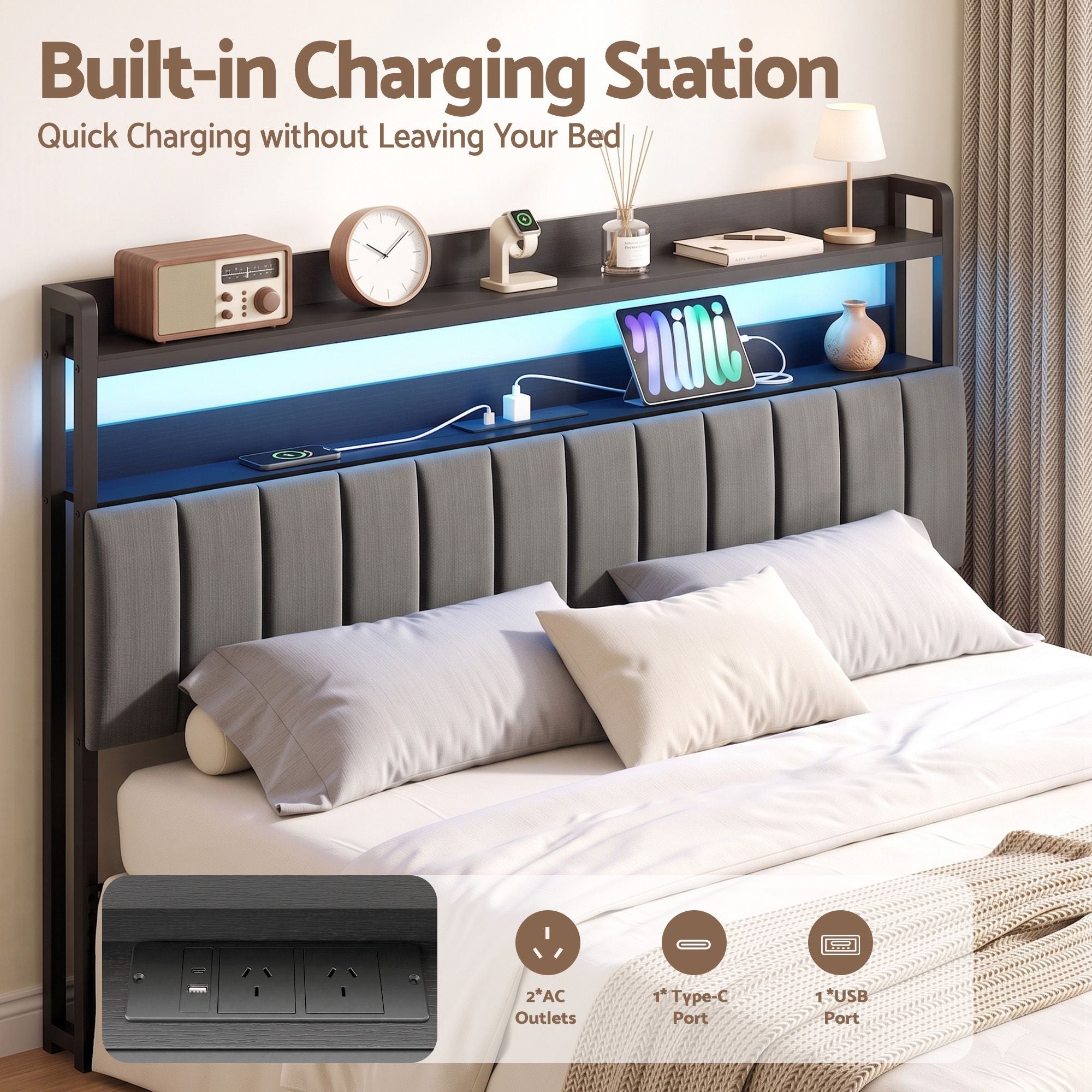 Artiss King Headboard Charging Station Storage LED Light Grey Upholstered Bedworld