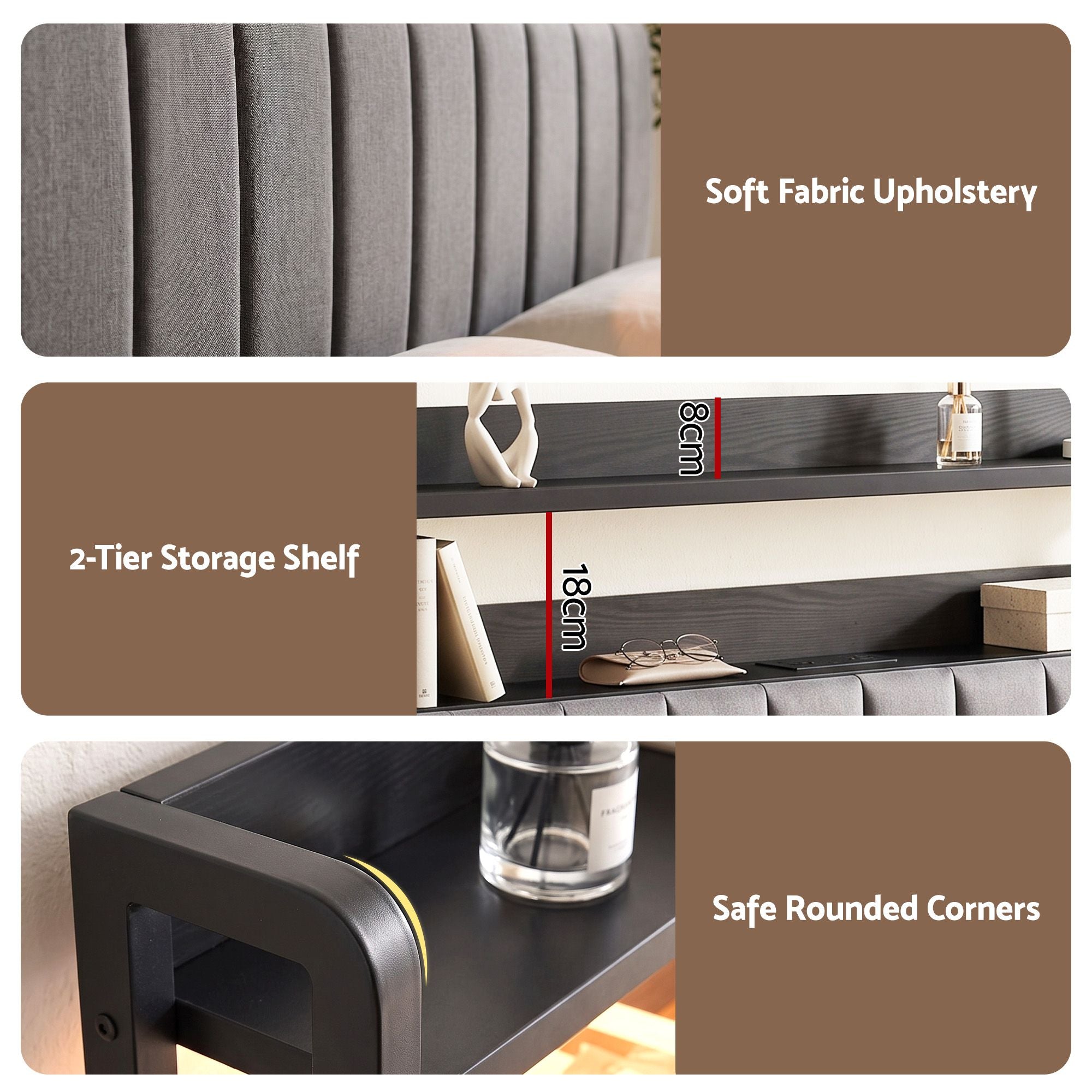 Artiss King Headboard Charging Station Storage LED Light Grey Upholstered Bedworld