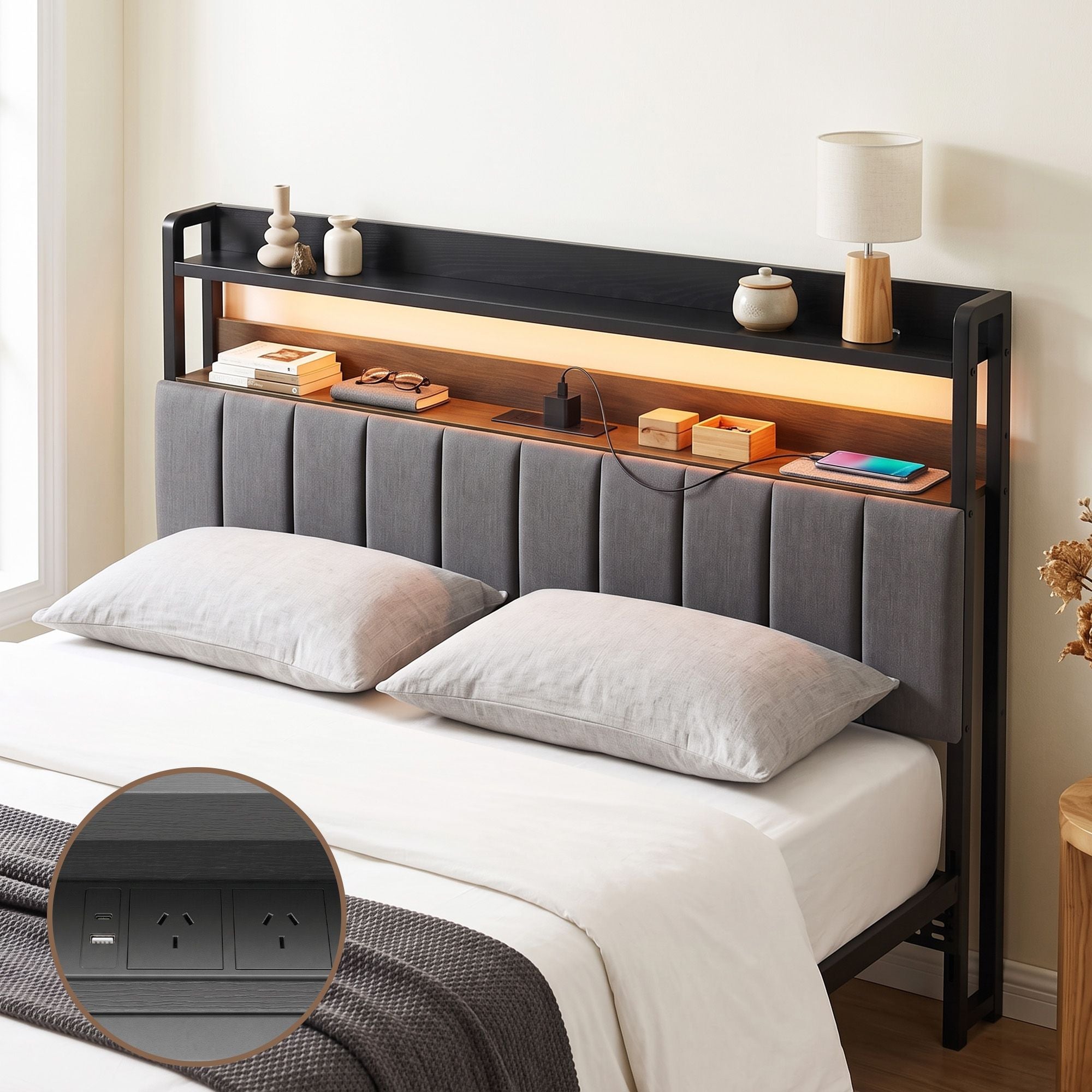 Artiss Queen Headboard Charging Station Storage LED Light Grey Upholstered Bedworld