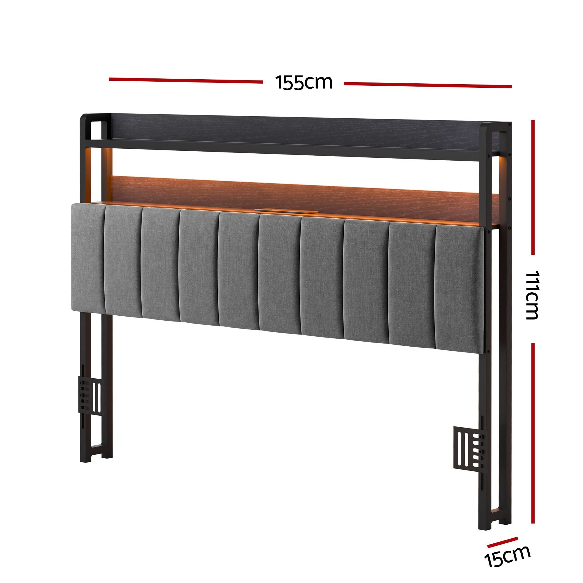 Artiss Queen Headboard Charging Station Storage LED Light Grey Upholstered Bedworld