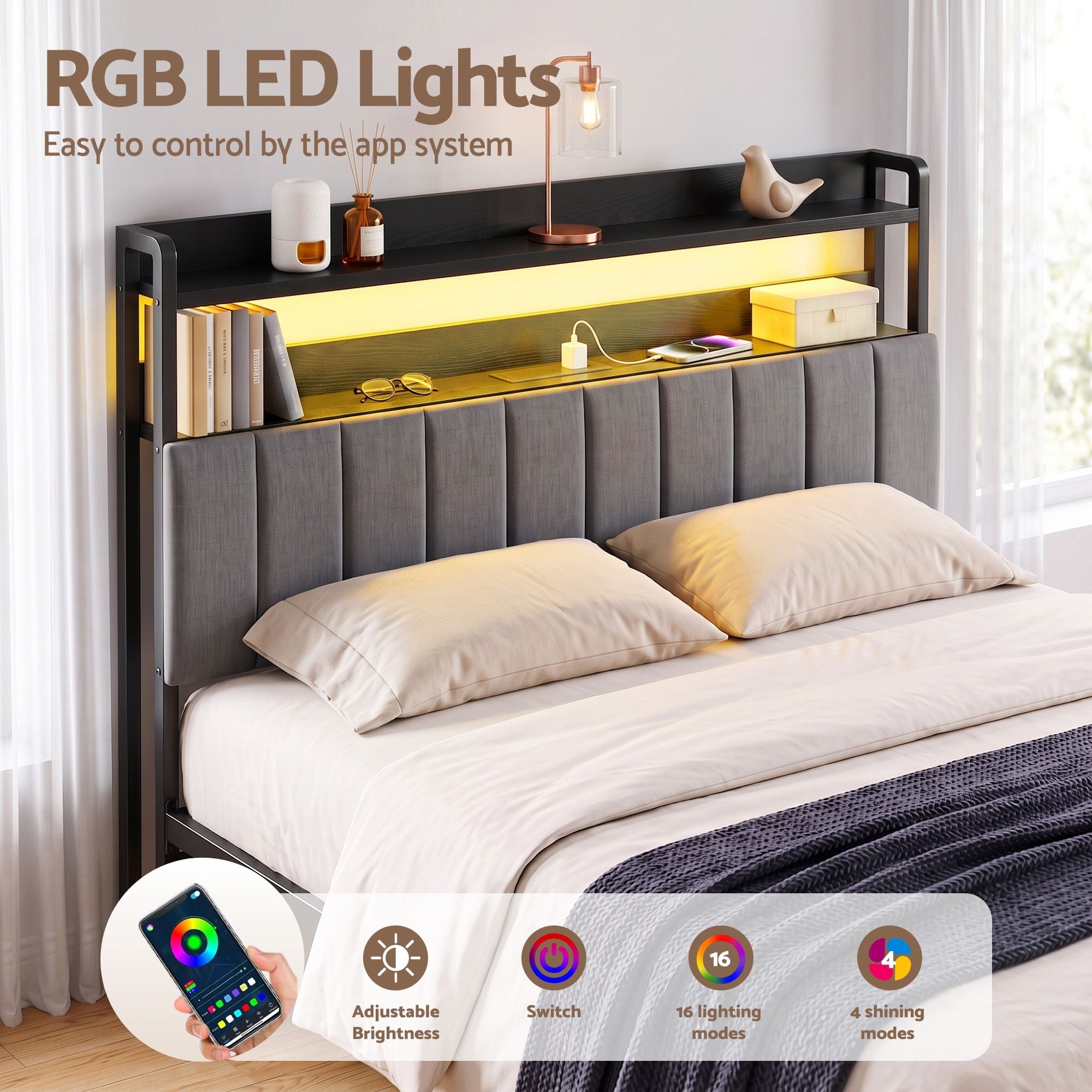 Artiss Queen Headboard Charging Station Storage LED Light Grey Upholstered Bedworld