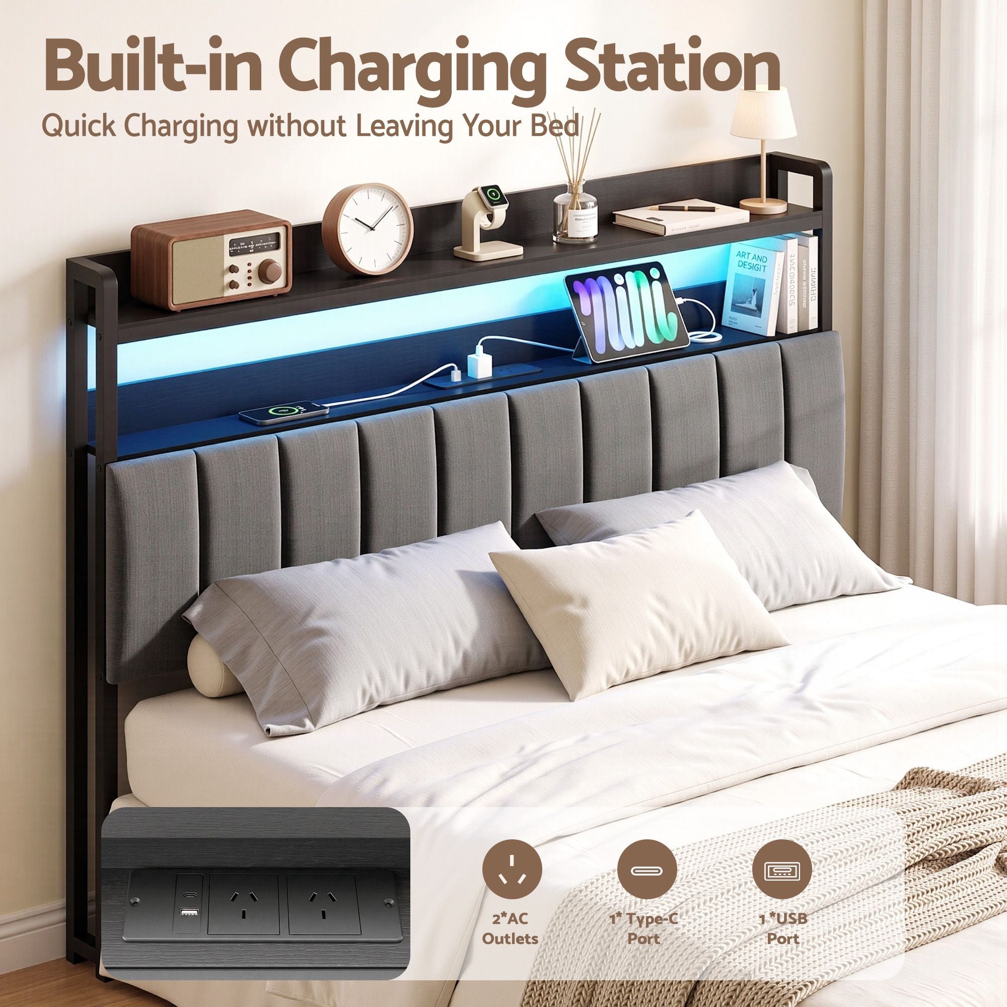 Artiss Queen Headboard Charging Station Storage LED Light Grey Upholstered Bedworld