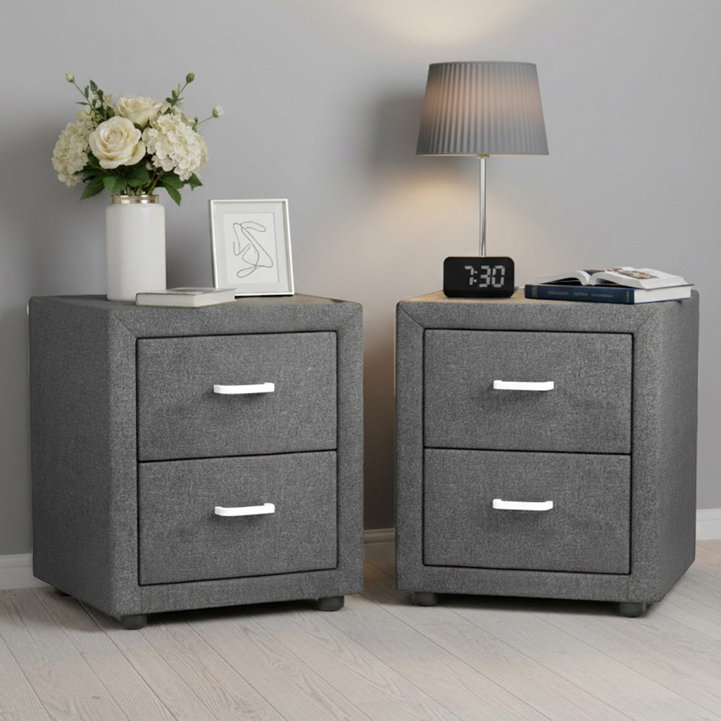 Artiss 2X Bedside Table 2 Drawers Side Table Fabric - CADEN Grey