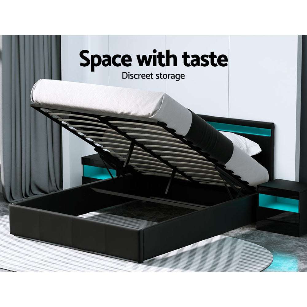 Artiss Bed Frame Queen Size LED Gas Lift Black COLE