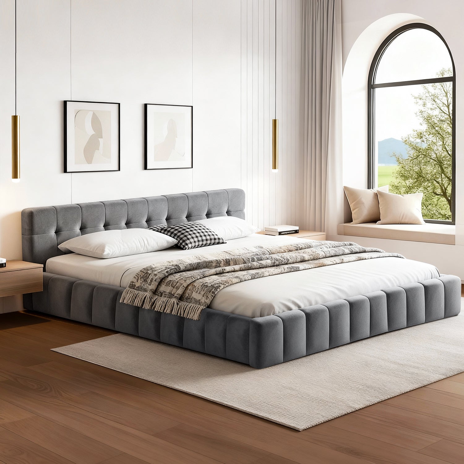 Grey upholstered king bed frame with plush button-tufted headboard and platform base