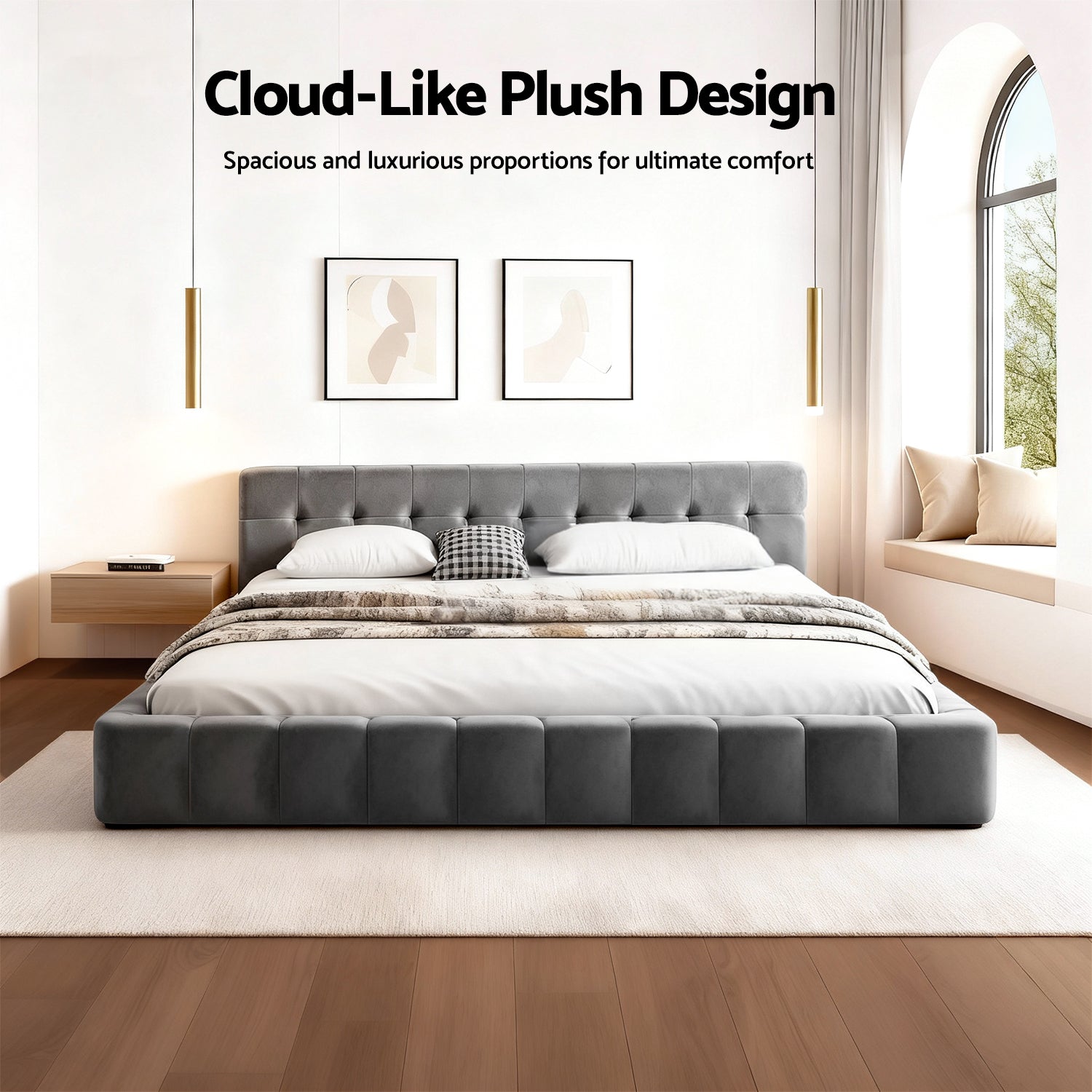 Grey velvet-look king bed frame with tall tufted headboard and platform base