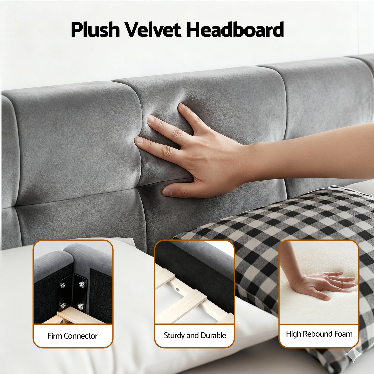 Grey plush velvet headboard with button-tufted detailing and sturdy upholstered edge