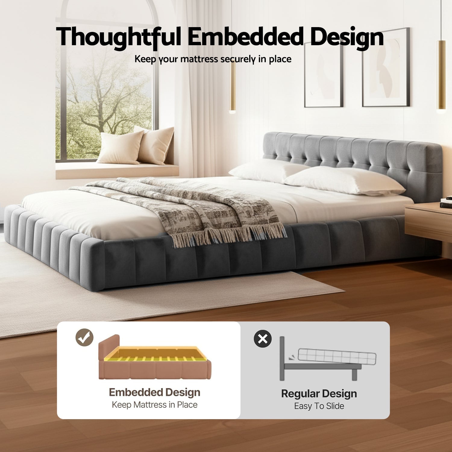 Grey king bed frame with embedded mattress support on a platform base