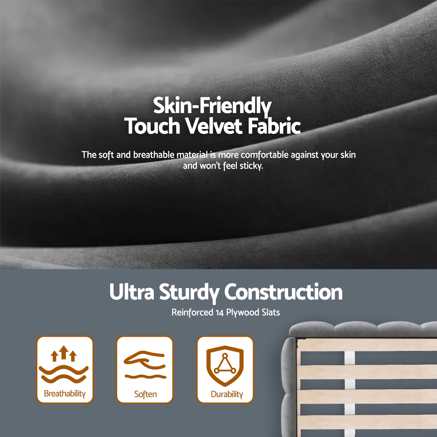 Dark grey soft-touch velvet fabric surface, close-up on upholstery