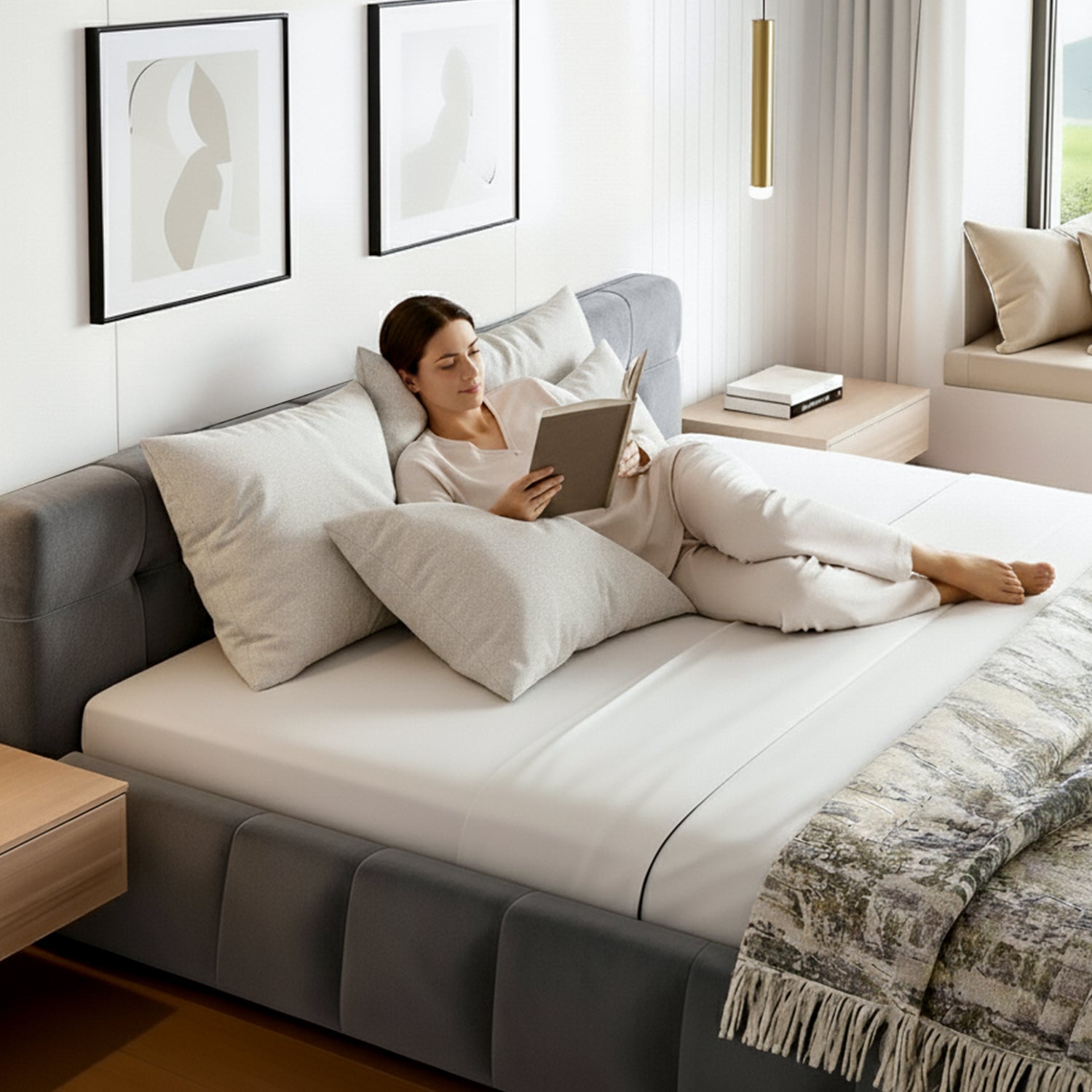 Grey king bed with plush side rails and tufted headboard, styled with pillows