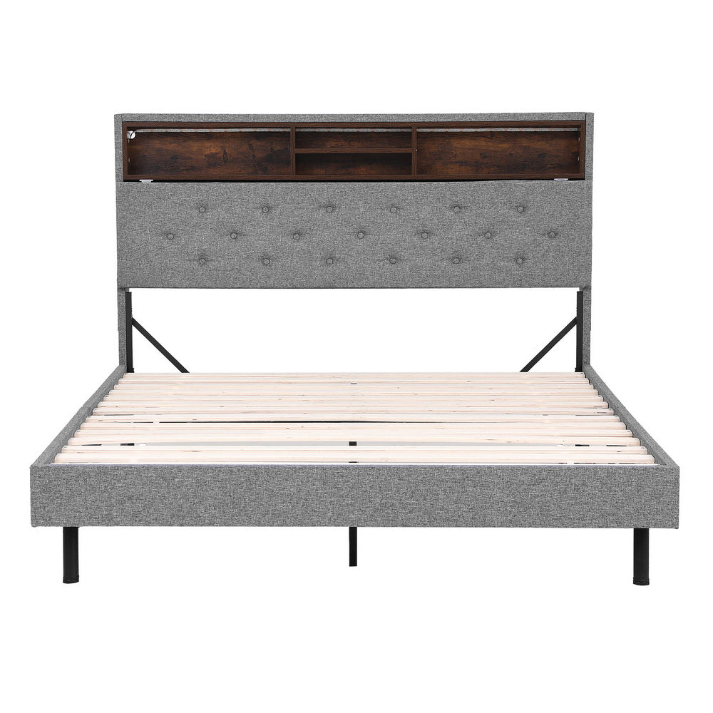 Artiss Bed Frame Double Size LED Mattress Base Platform with Storage Shelf Hidden Storage Box Grey